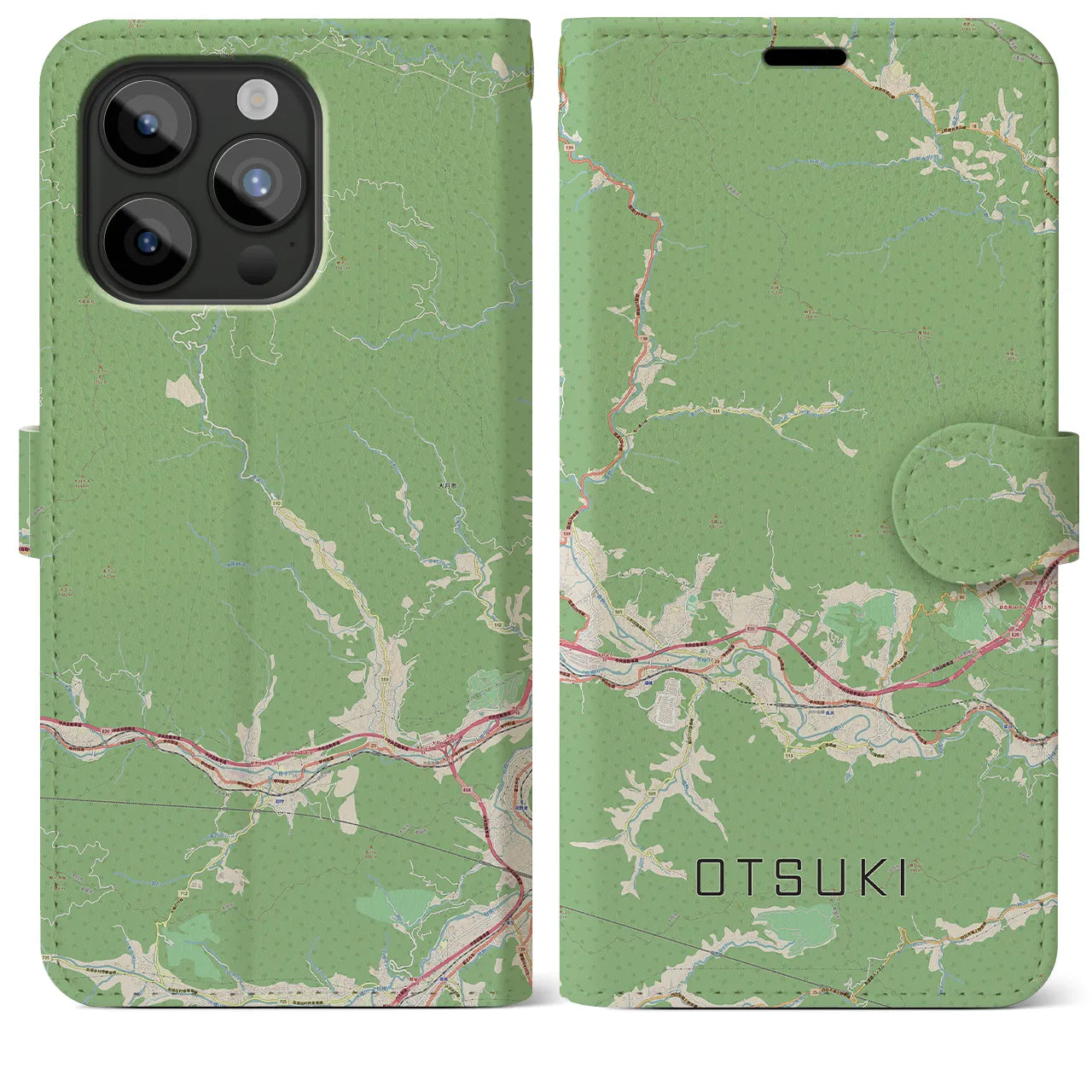 【大月(山梨県)】地図柄iPhoneケース(手帳タイプ)ナチュラル・iPhone 15 Pro Max 用