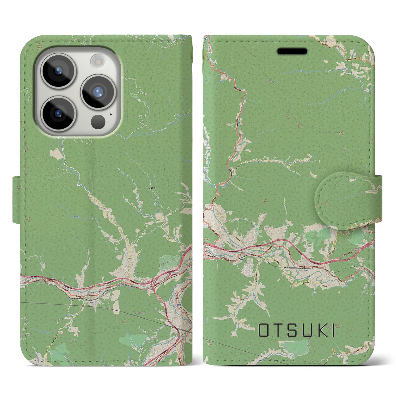 【大月(山梨県)】地図柄iPhoneケース(手帳タイプ)ナチュラル・iPhone 15 Pro 用