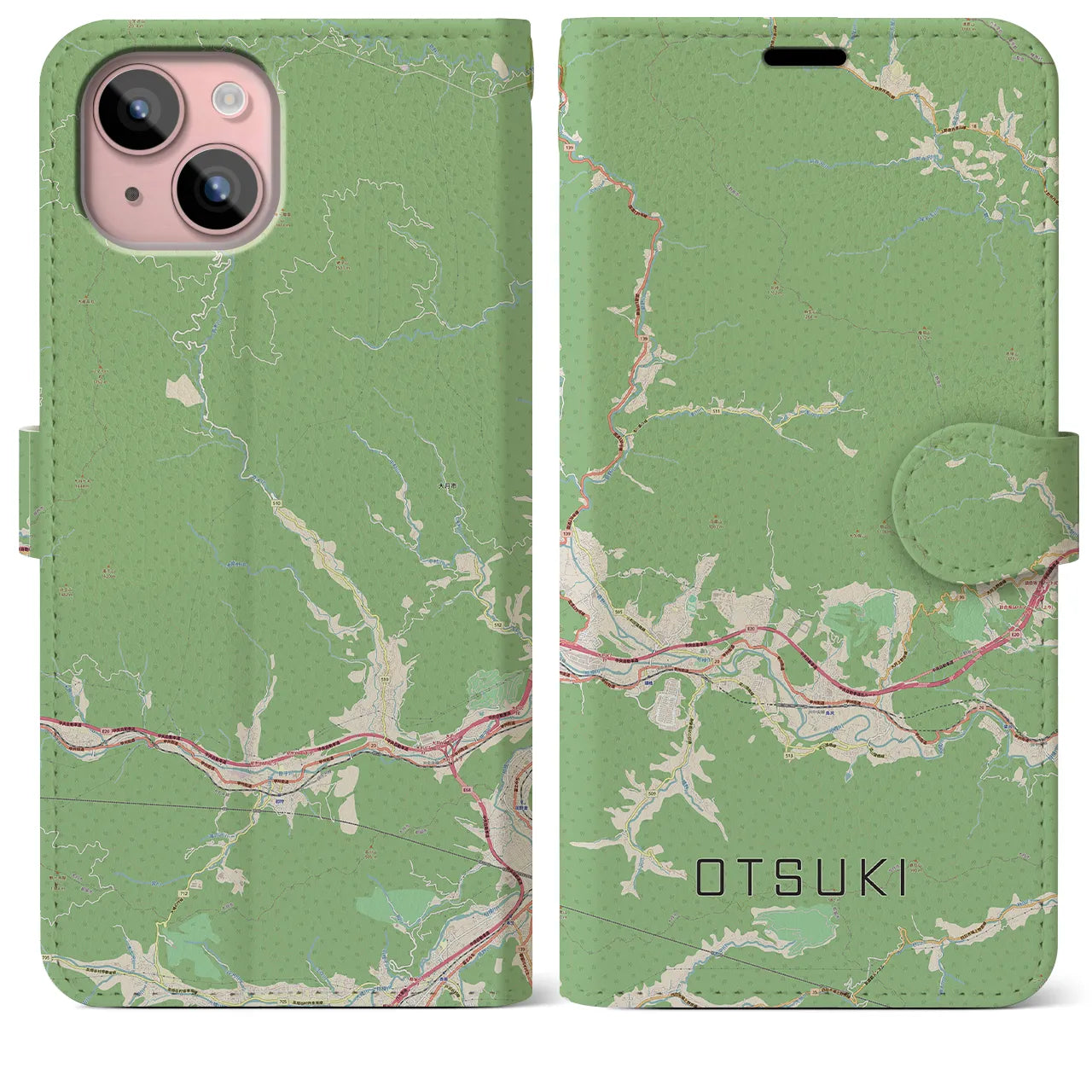 【大月(山梨県)】地図柄iPhoneケース(手帳タイプ)ナチュラル・iPhone 15 Plus 用