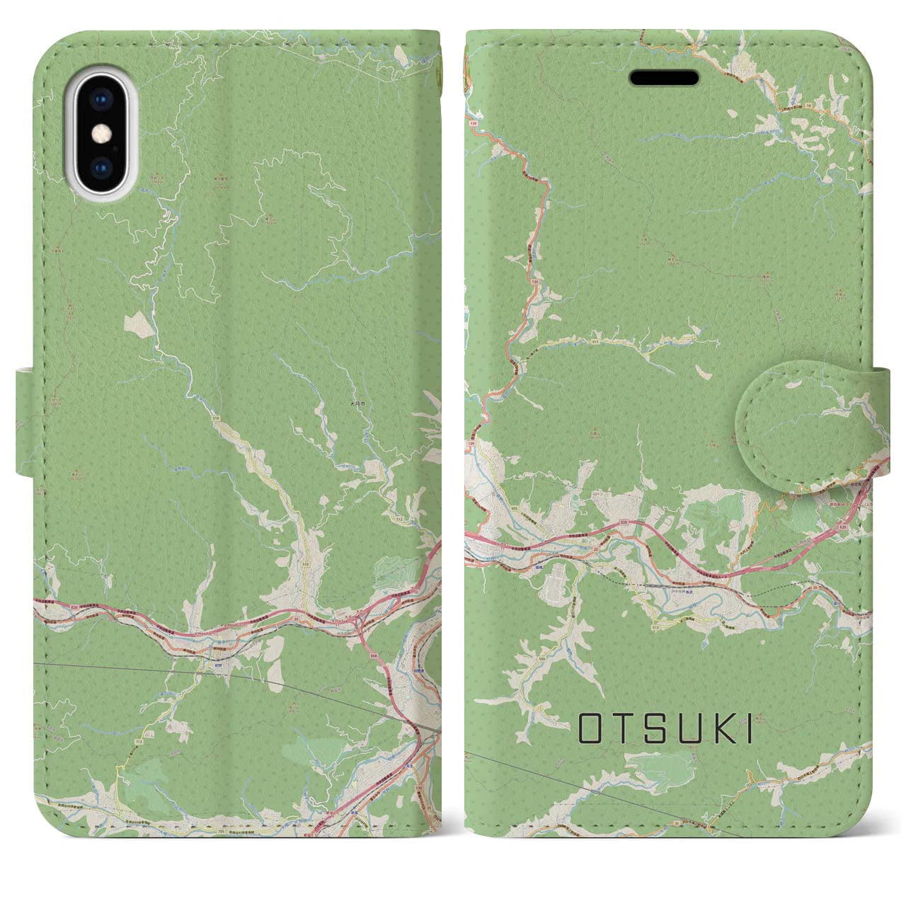 【大月(山梨県)】地図柄iPhoneケース(手帳タイプ)ナチュラル・iPhone XS Max 用