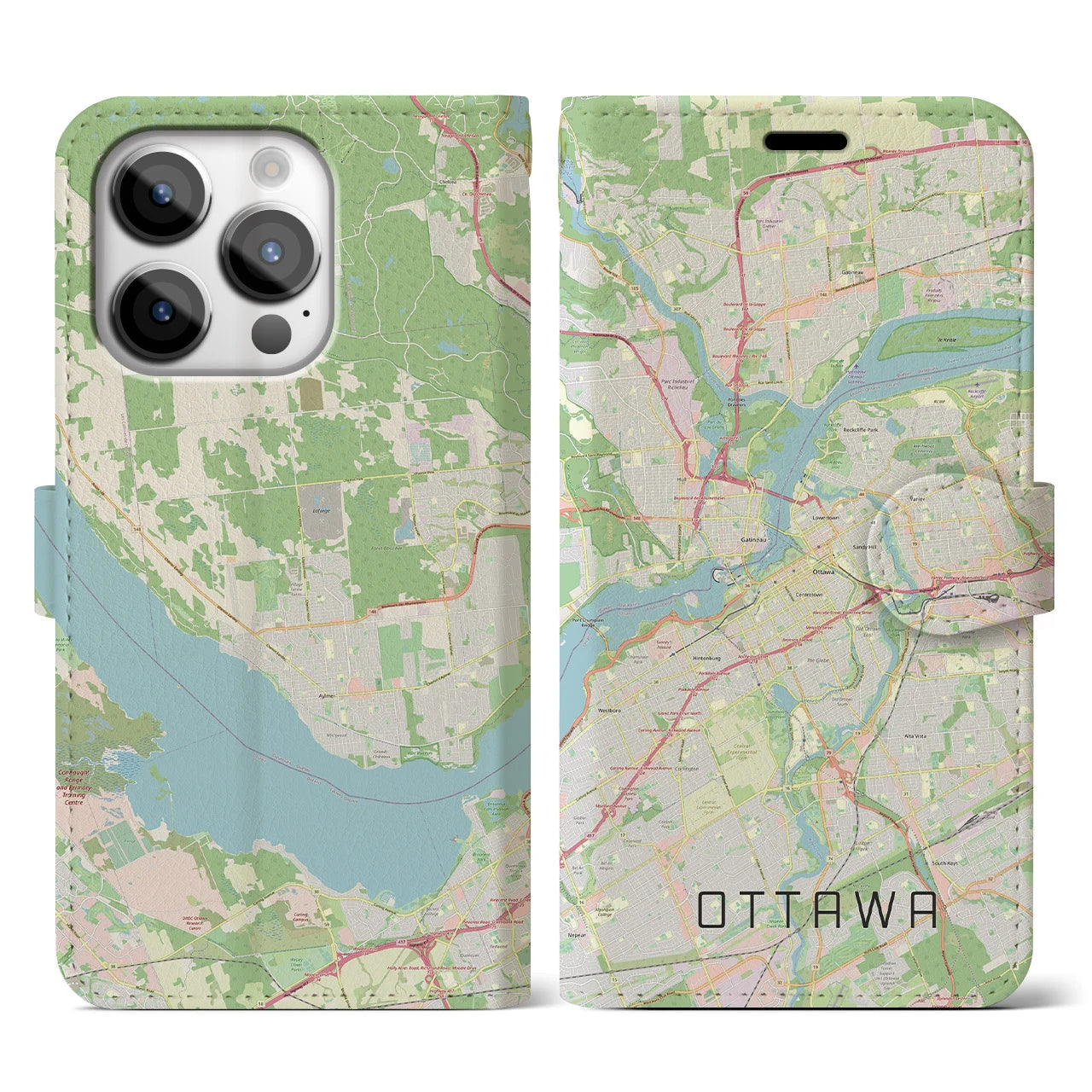 【オタワ(カナダ)】地図柄iPhoneケース(手帳タイプ)ナチュラル・iPhone 14 Pro 用