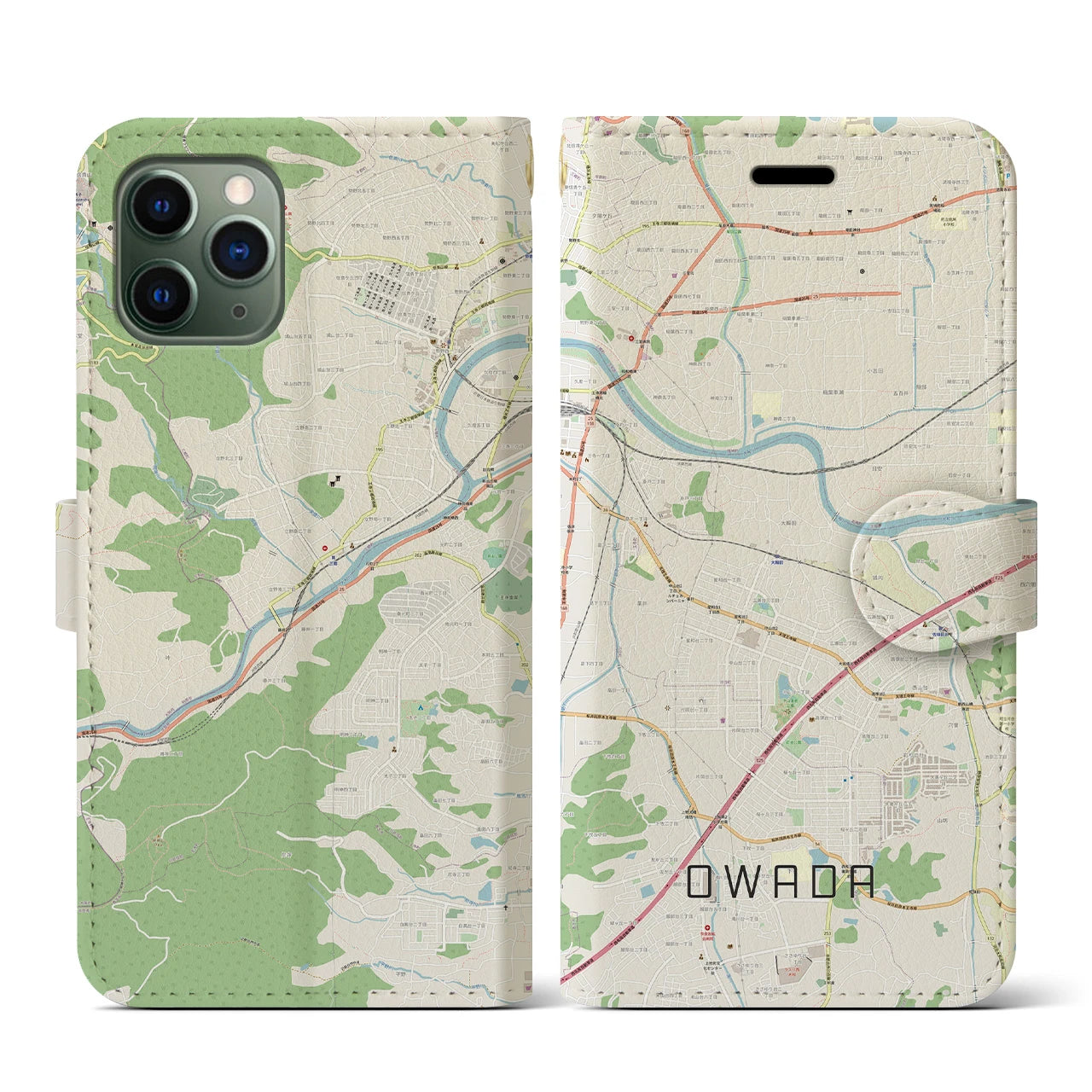 【大輪田(奈良県)】地図柄iPhoneケース(手帳タイプ)ナチュラル・iPhone 11 Pro 用