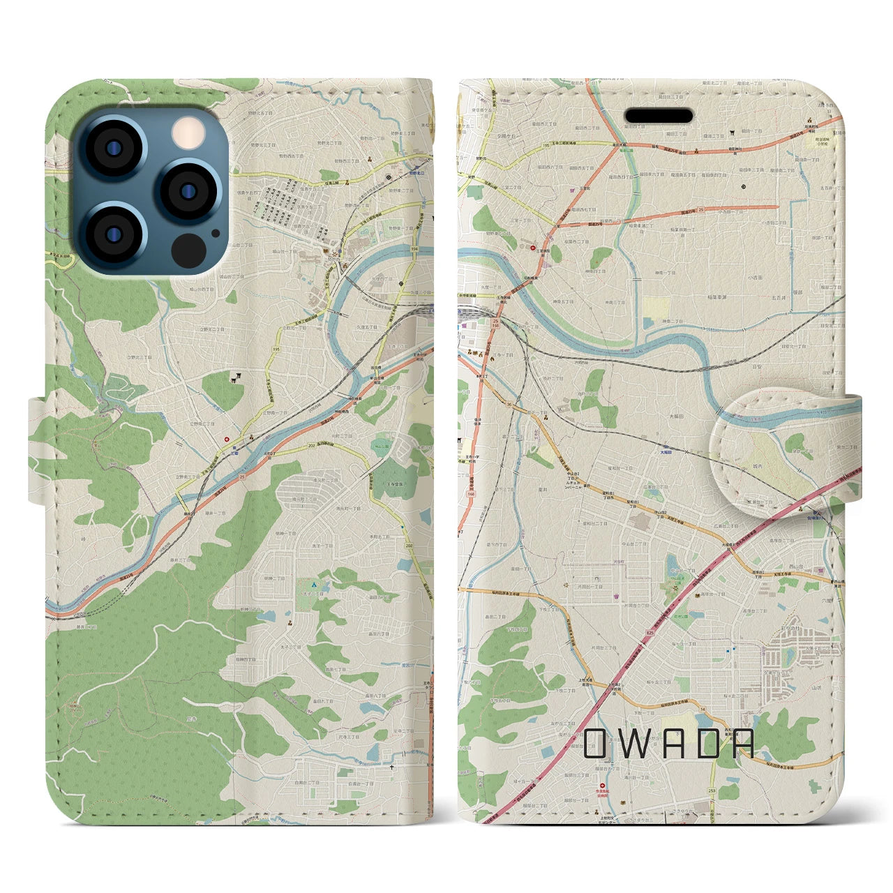 【大輪田(奈良県)】地図柄iPhoneケース(手帳タイプ)ナチュラル・iPhone 12 / 12 Pro 用
