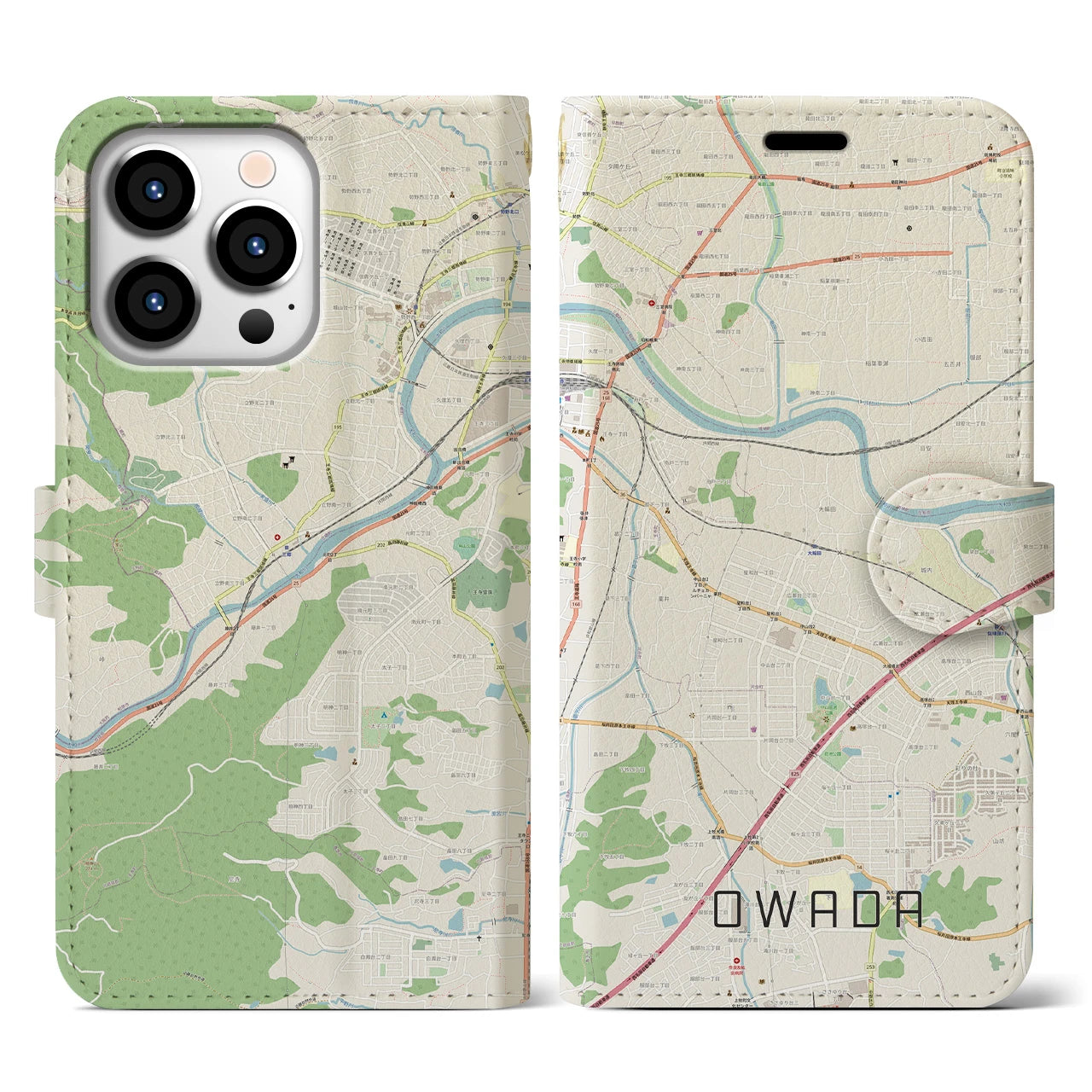 【大輪田(奈良県)】地図柄iPhoneケース(手帳タイプ)ナチュラル・iPhone 13 Pro 用