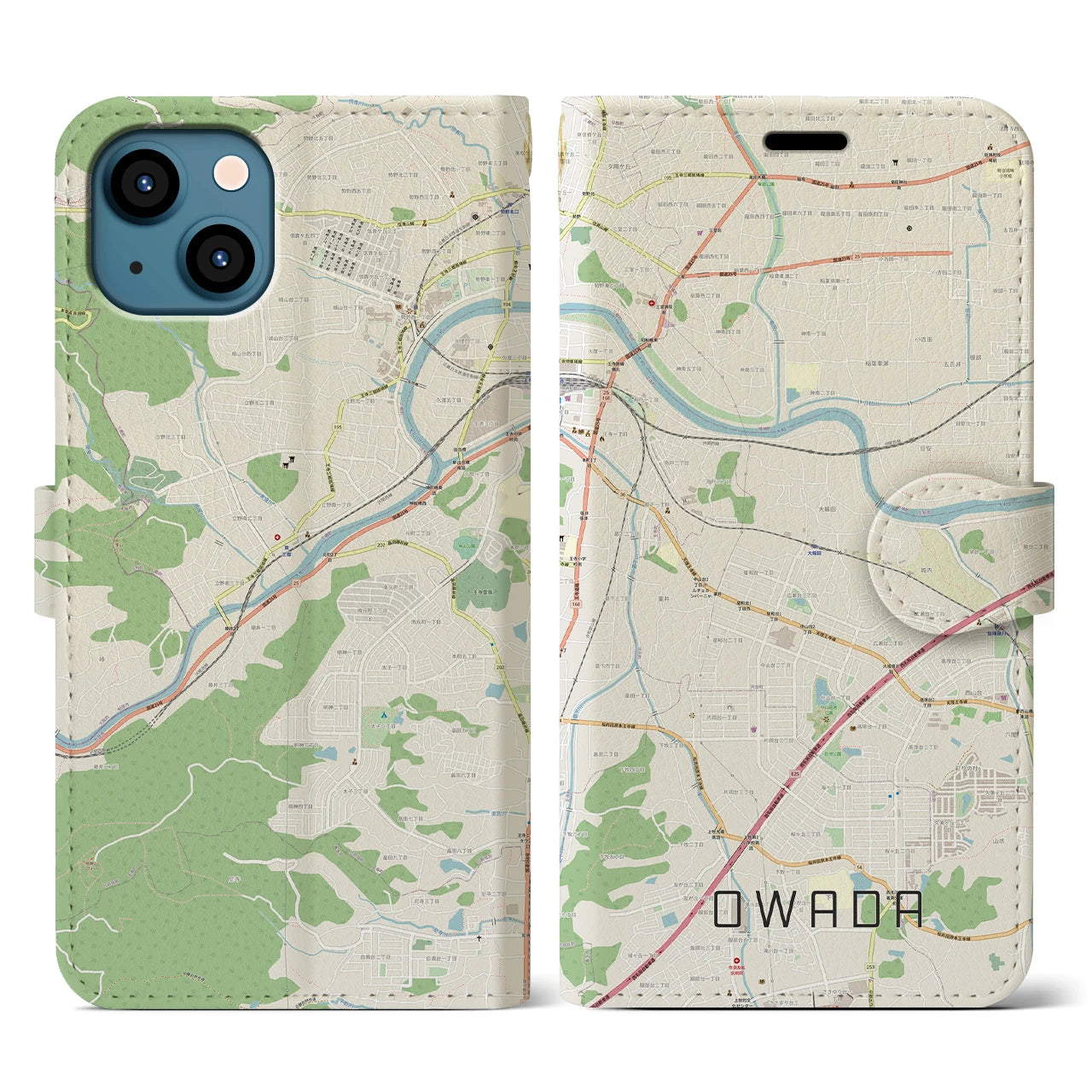 【大輪田(奈良県)】地図柄iPhoneケース(手帳タイプ)ナチュラル・iPhone 13 用