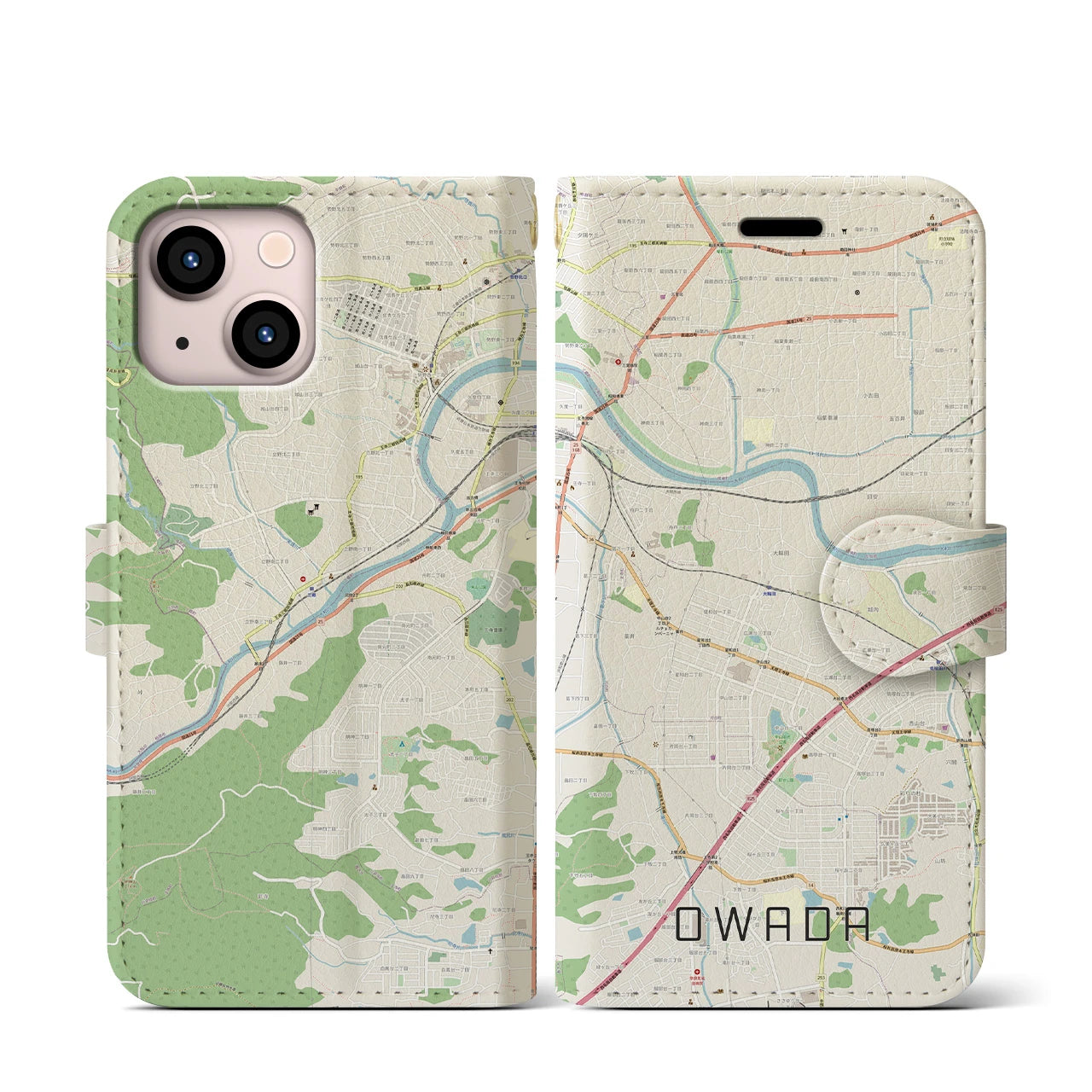 【大輪田(奈良県)】地図柄iPhoneケース(手帳タイプ)ナチュラル・iPhone 13 mini 用