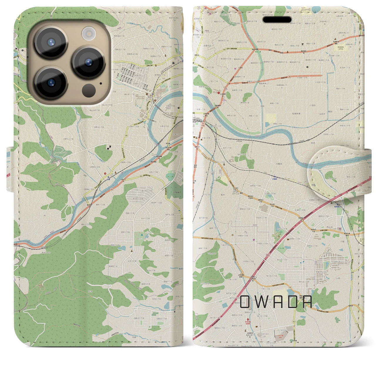 【大輪田(奈良県)】地図柄iPhoneケース(手帳タイプ)ナチュラル・iPhone 14 Pro Max 用
