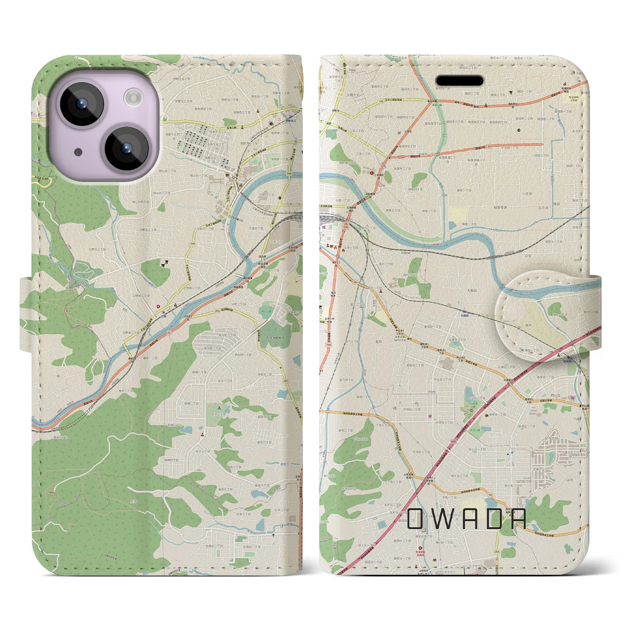 【大輪田(奈良県)】地図柄iPhoneケース(手帳タイプ)ナチュラル・iPhone 14 用