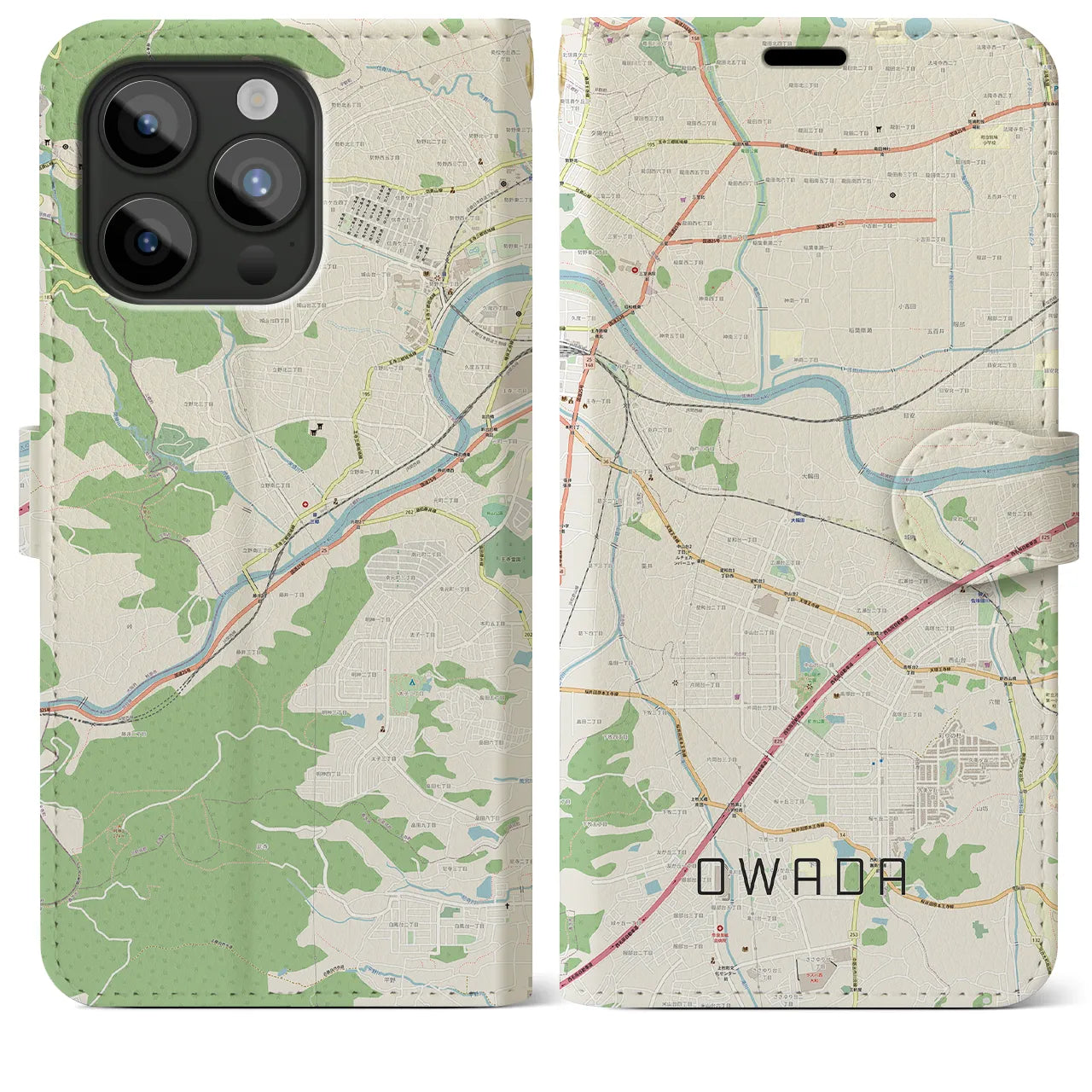 【大輪田(奈良県)】地図柄iPhoneケース(手帳タイプ)ナチュラル・iPhone 15 Pro Max 用