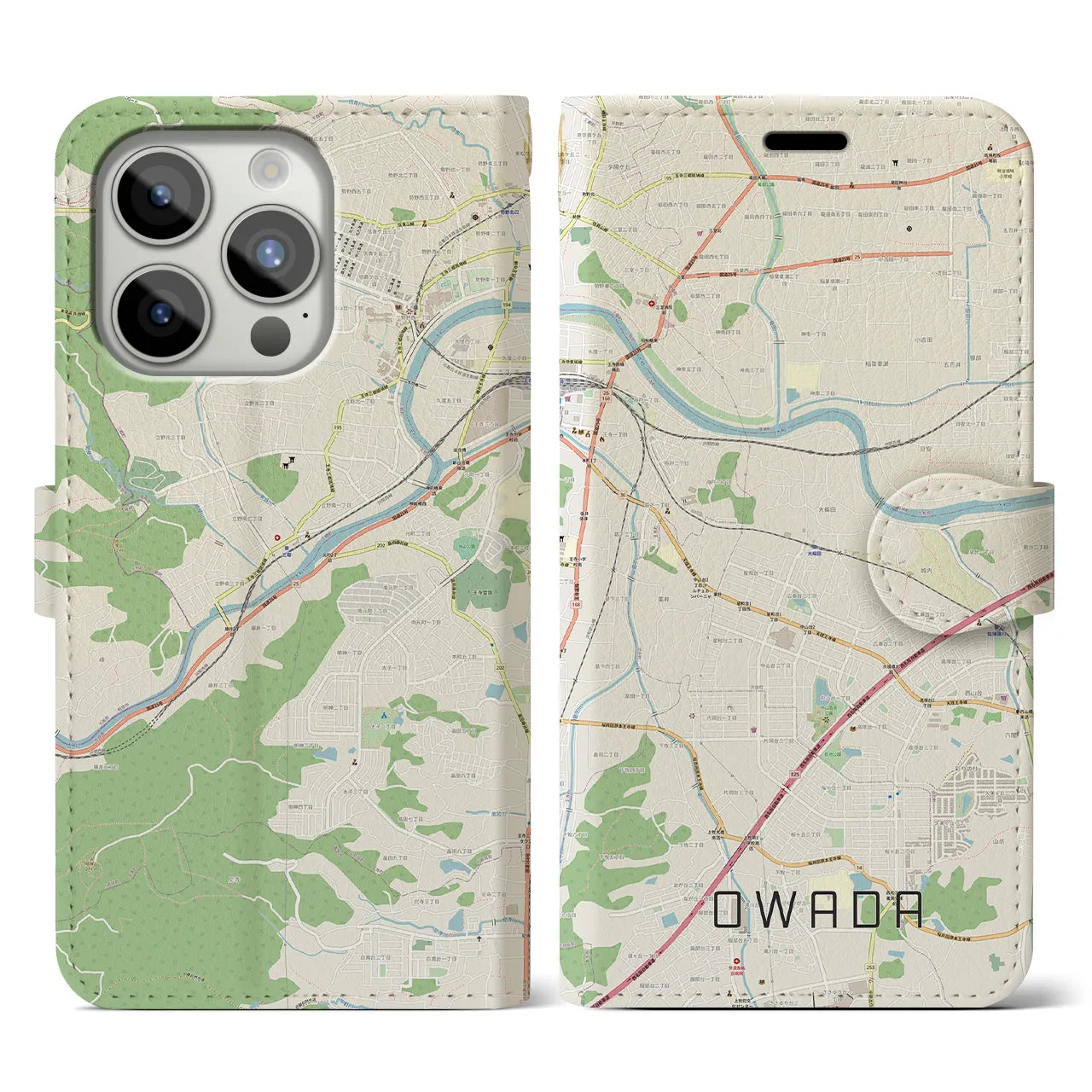 【大輪田(奈良県)】地図柄iPhoneケース(手帳タイプ)ナチュラル・iPhone 15 Pro 用