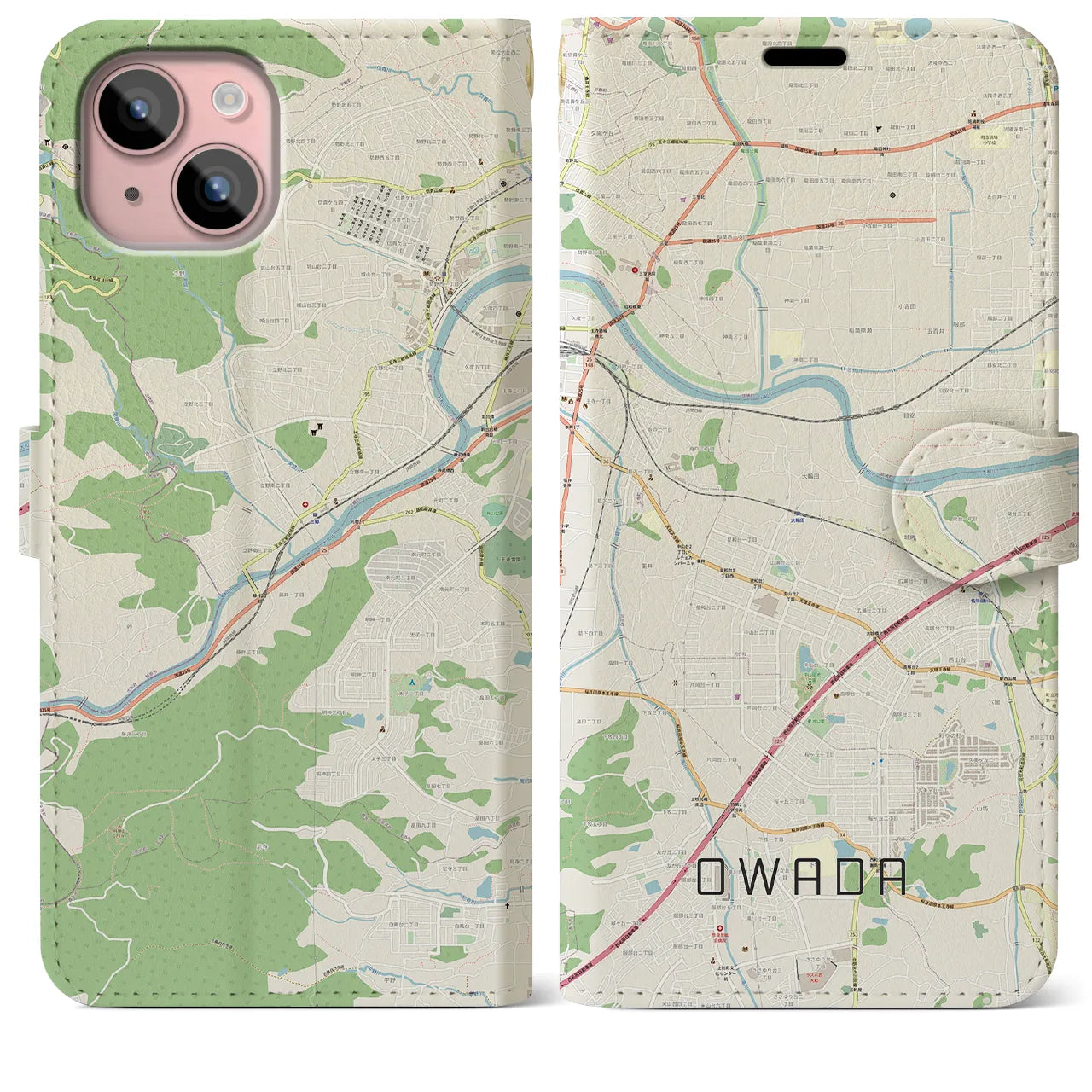 【大輪田(奈良県)】地図柄iPhoneケース(手帳タイプ)ナチュラル・iPhone 15 Plus 用
