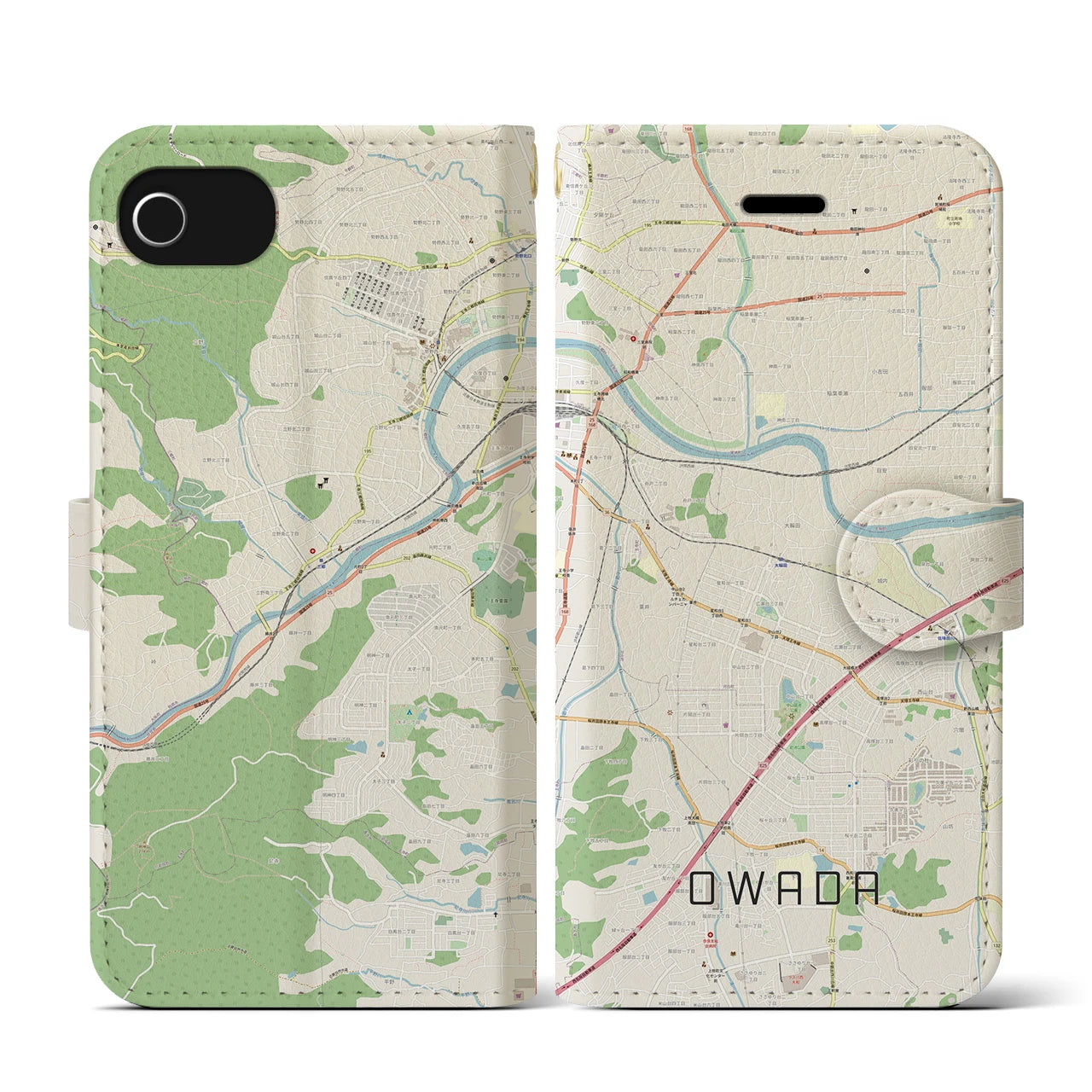 【大輪田(奈良県)】地図柄iPhoneケース(手帳タイプ)ナチュラル・iPhone SE(第3 / 第2世代) / 8 / 7 / 6s / 6 用