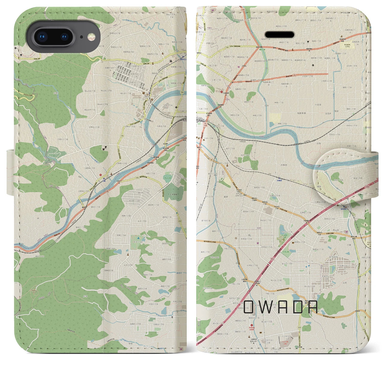 【大輪田(奈良県)】地図柄iPhoneケース(手帳タイプ)ナチュラル・iPhone 8Plus /7Plus / 6sPlus / 6Plus 用