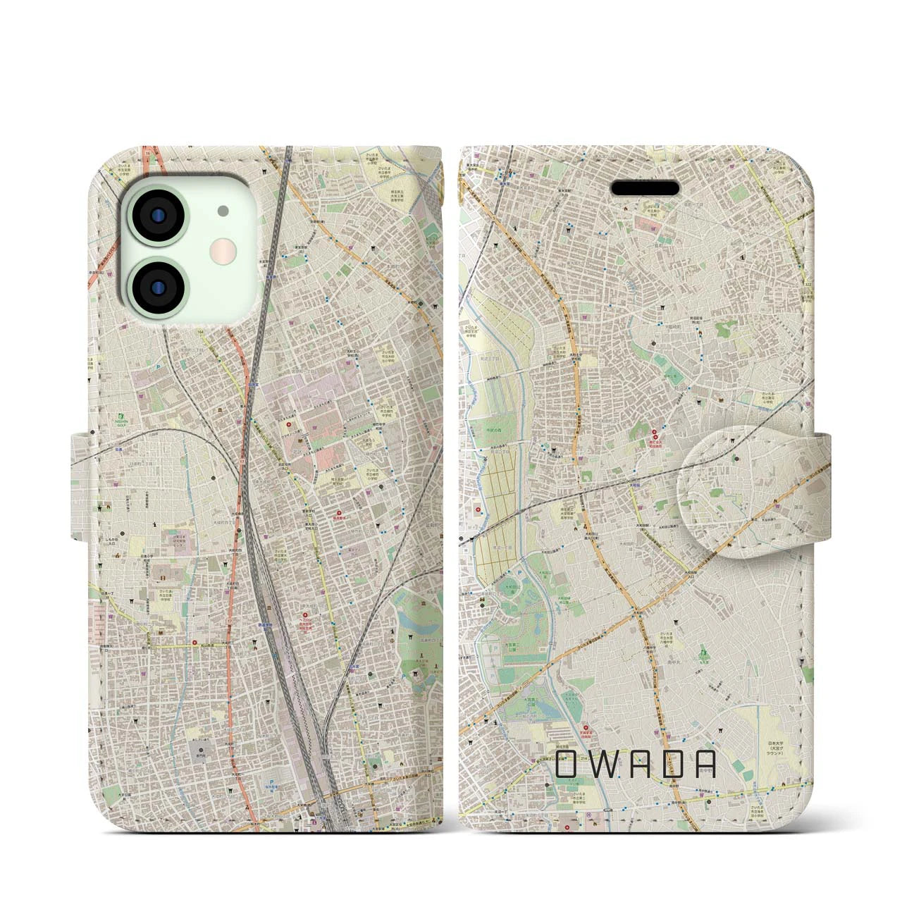 【大和田(埼玉県)】地図柄iPhoneケース(手帳タイプ)ナチュラル・iPhone 12 mini 用