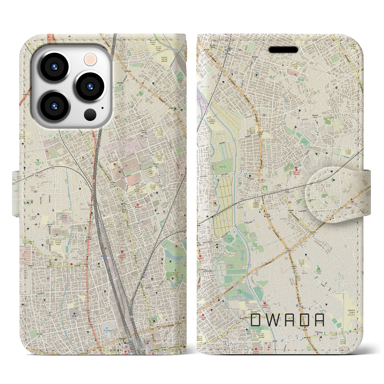 【大和田(埼玉県)】地図柄iPhoneケース(手帳タイプ)ナチュラル・iPhone 13 Pro 用