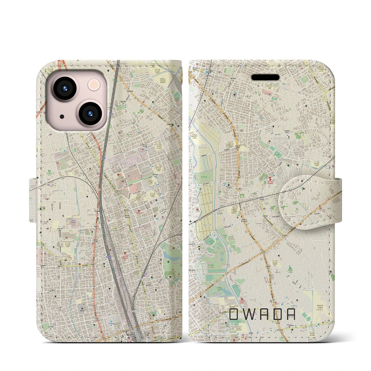 【大和田(埼玉県)】地図柄iPhoneケース(手帳タイプ)ナチュラル・iPhone 13 mini 用