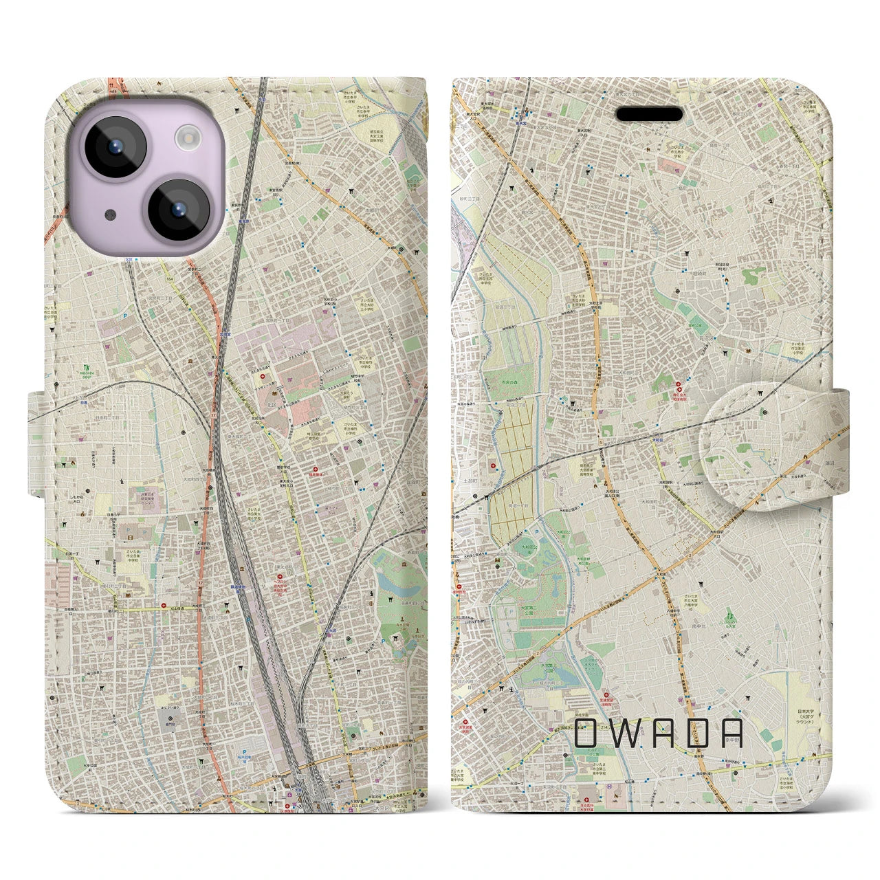 【大和田(埼玉県)】地図柄iPhoneケース(手帳タイプ)ナチュラル・iPhone 14 用