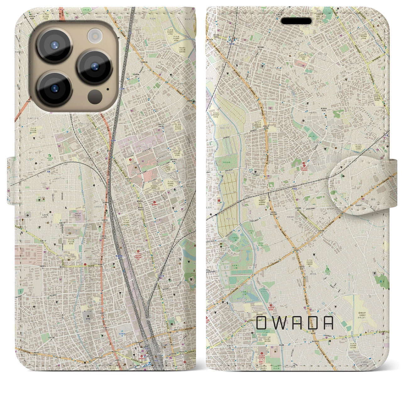 【大和田(埼玉県)】地図柄iPhoneケース(手帳タイプ)ナチュラル・iPhone 14 Pro Max 用