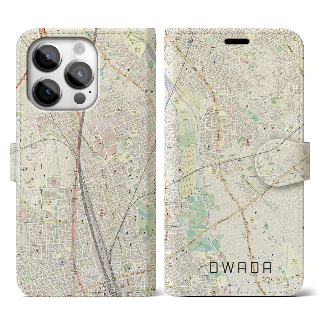 【大和田(埼玉県)】地図柄iPhoneケース(手帳タイプ)ナチュラル・iPhone 14 Pro 用
