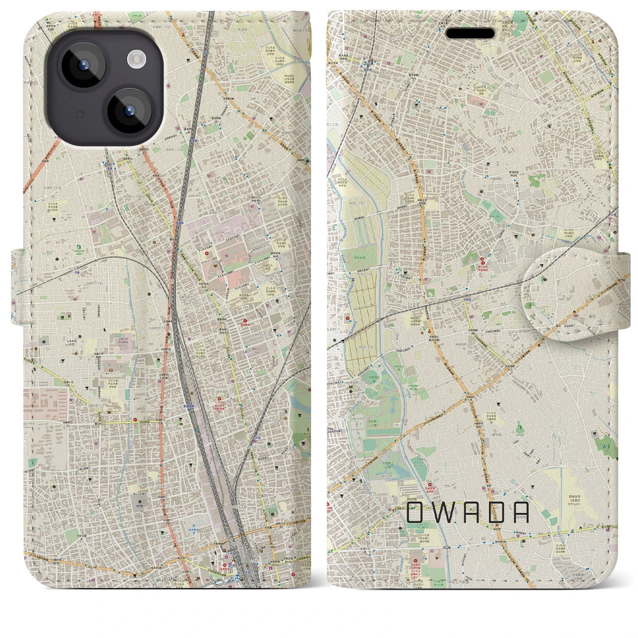 【大和田(埼玉県)】地図柄iPhoneケース(手帳タイプ)ナチュラル・iPhone 14 Plus 用