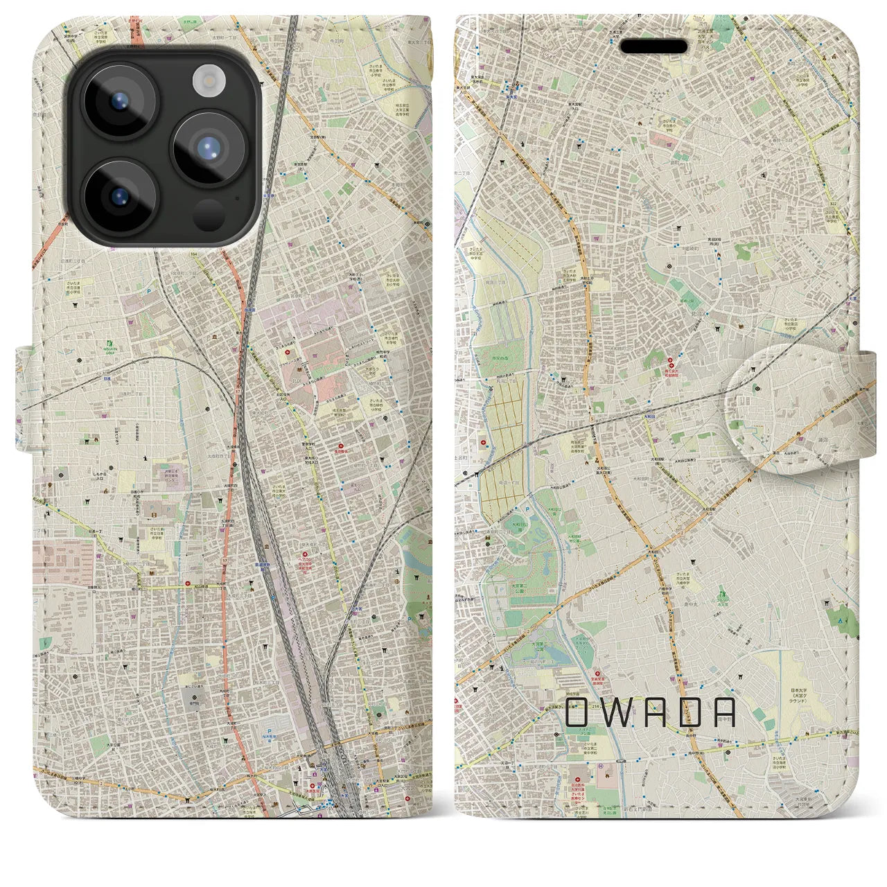 【大和田(埼玉県)】地図柄iPhoneケース(手帳タイプ)ナチュラル・iPhone 15 Pro Max 用