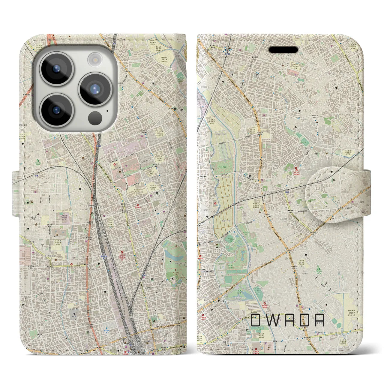【大和田(埼玉県)】地図柄iPhoneケース(手帳タイプ)ナチュラル・iPhone 15 Pro 用