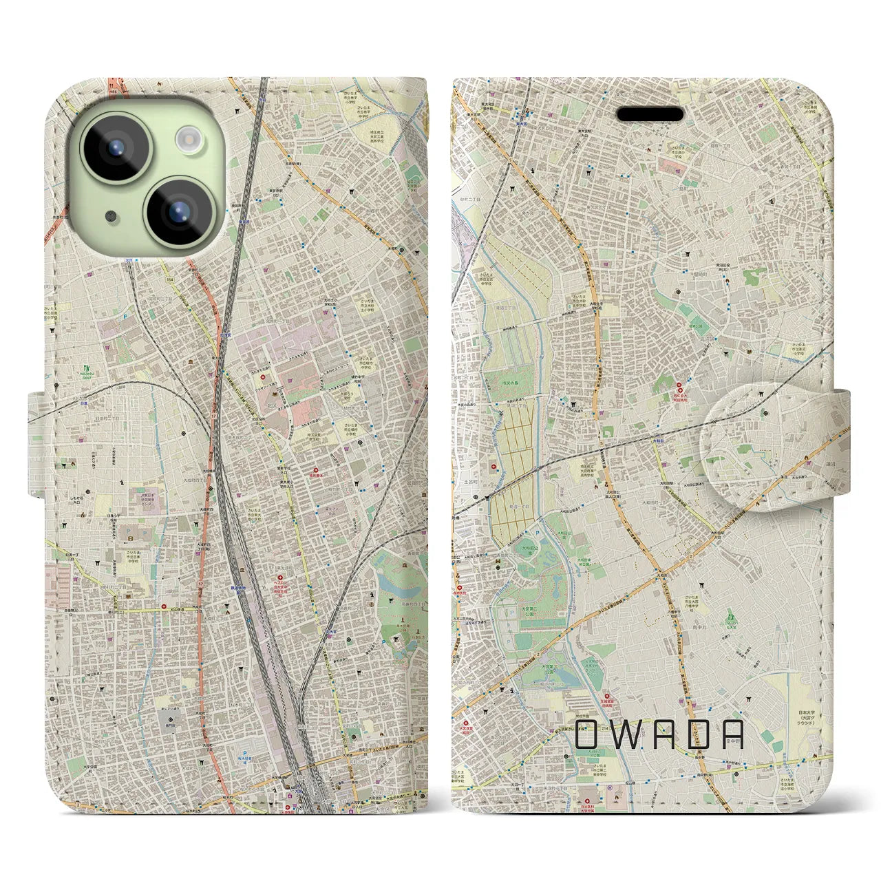 【大和田(埼玉県)】地図柄iPhoneケース(手帳タイプ)ナチュラル・iPhone 15 用