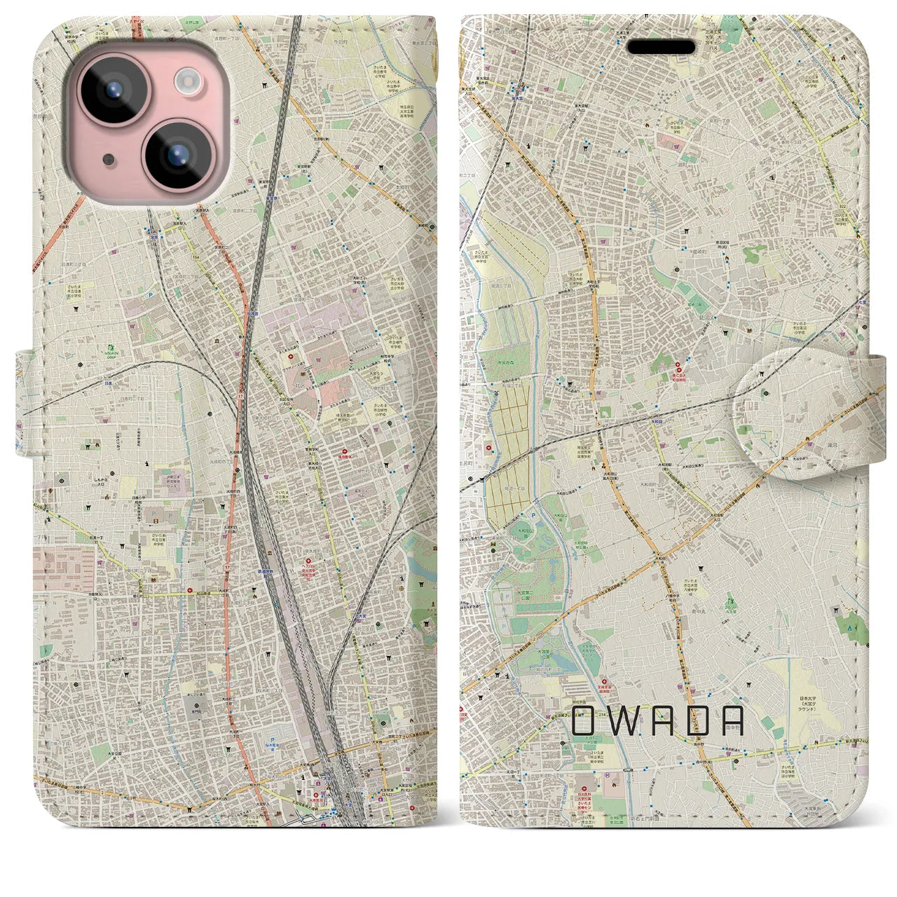 【大和田(埼玉県)】地図柄iPhoneケース(手帳タイプ)ナチュラル・iPhone 15 Plus 用