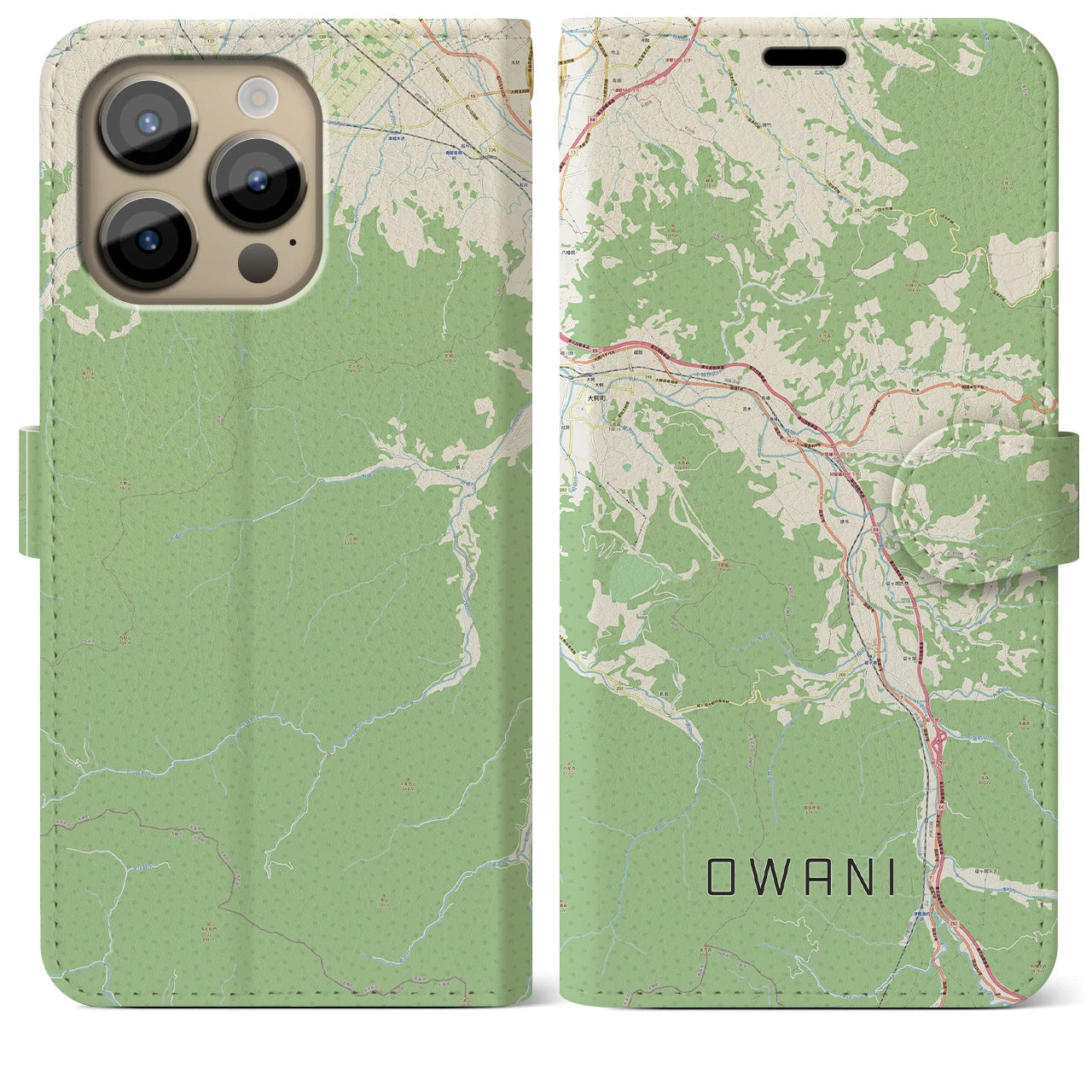 【大鰐(青森県)】地図柄iPhoneケース(手帳タイプ)ナチュラル・iPhone 14 Pro Max 用