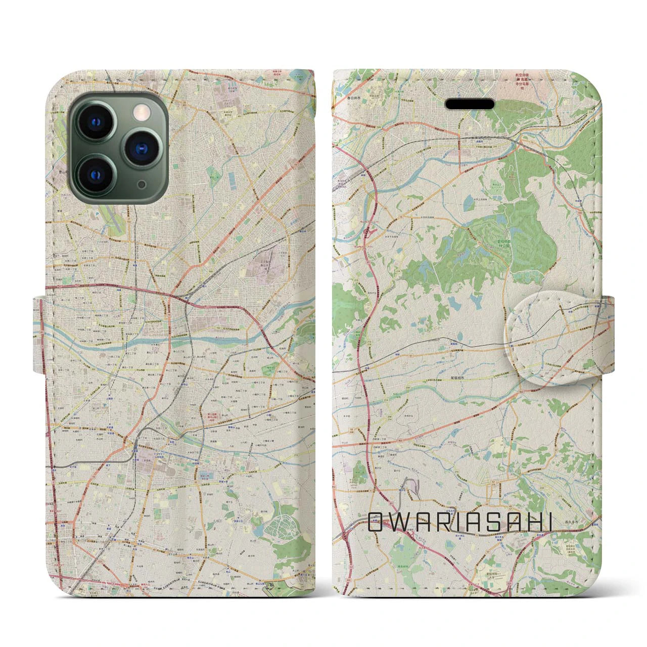 【尾張旭(愛知県)】地図柄iPhoneケース(手帳タイプ)ナチュラル・iPhone 11 Pro 用