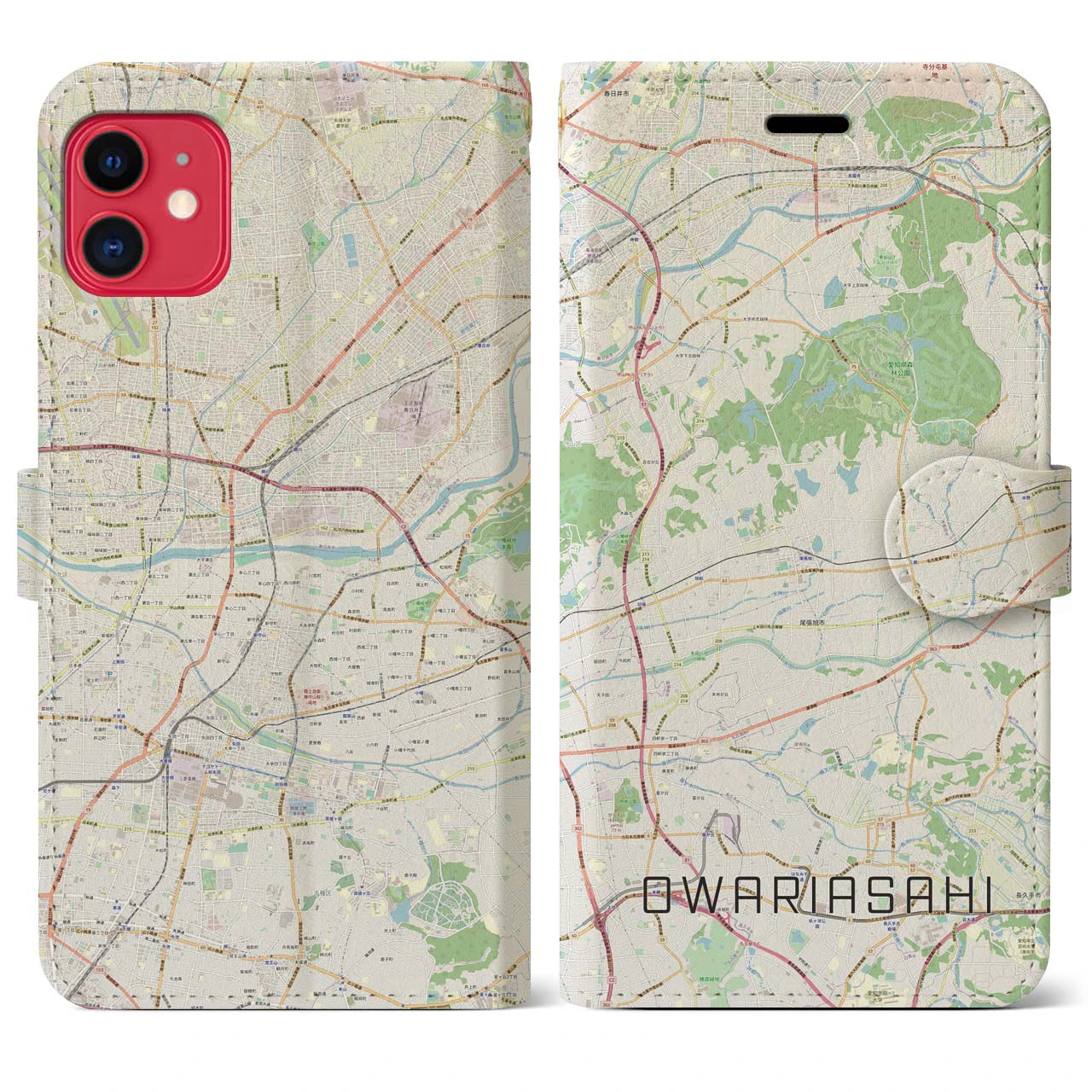 【尾張旭(愛知県)】地図柄iPhoneケース(手帳タイプ)ナチュラル・iPhone 11 用