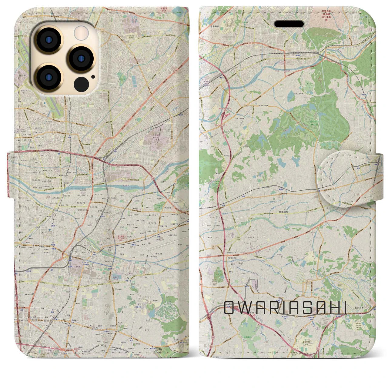 【尾張旭(愛知県)】地図柄iPhoneケース(手帳タイプ)ナチュラル・iPhone 12 Pro Max 用