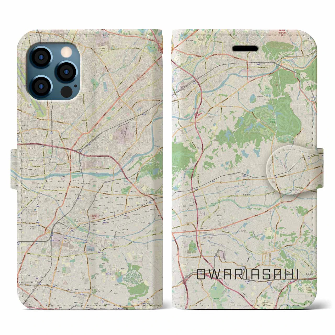 【尾張旭(愛知県)】地図柄iPhoneケース(手帳タイプ)ナチュラル・iPhone 12 / 12 Pro 用