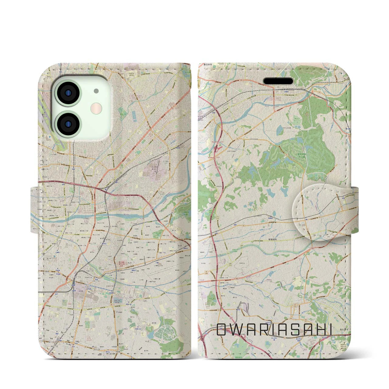 【尾張旭(愛知県)】地図柄iPhoneケース(手帳タイプ)ナチュラル・iPhone 12 mini 用