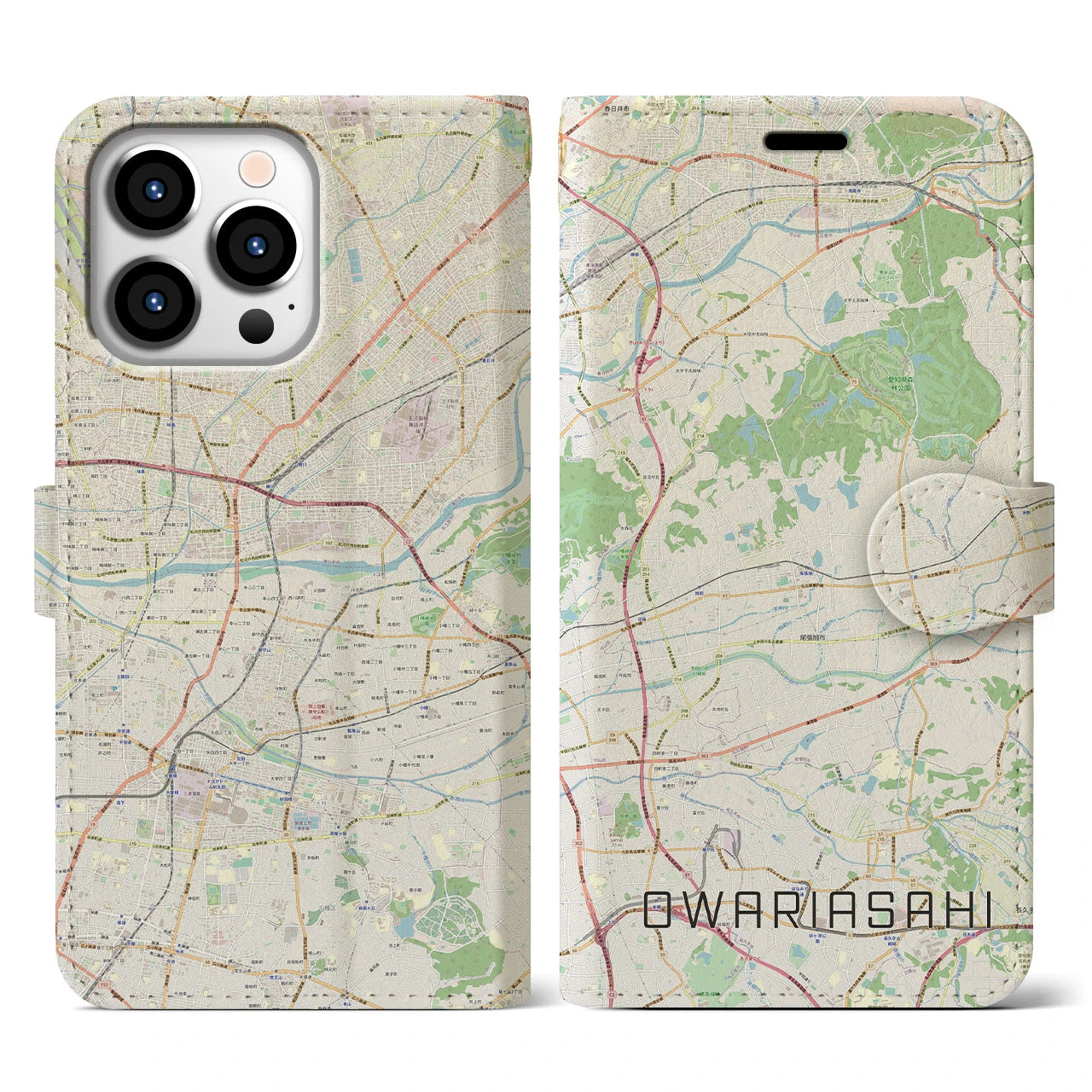 【尾張旭(愛知県)】地図柄iPhoneケース(手帳タイプ)ナチュラル・iPhone 13 Pro 用