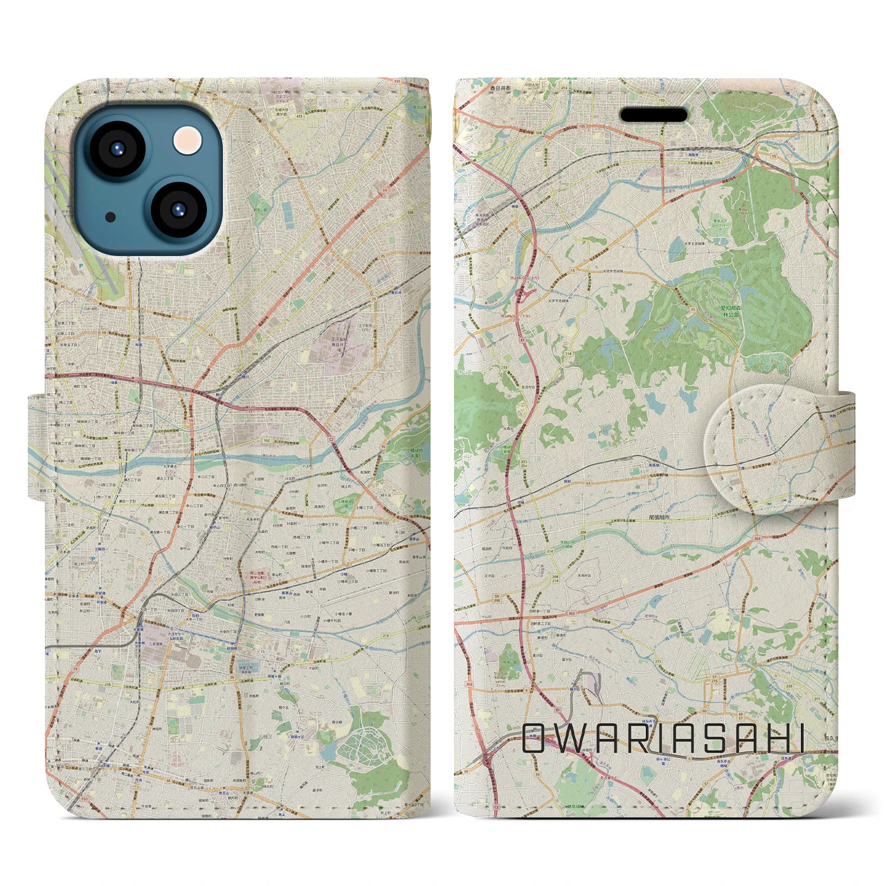 【尾張旭(愛知県)】地図柄iPhoneケース(手帳タイプ)ナチュラル・iPhone 13 用