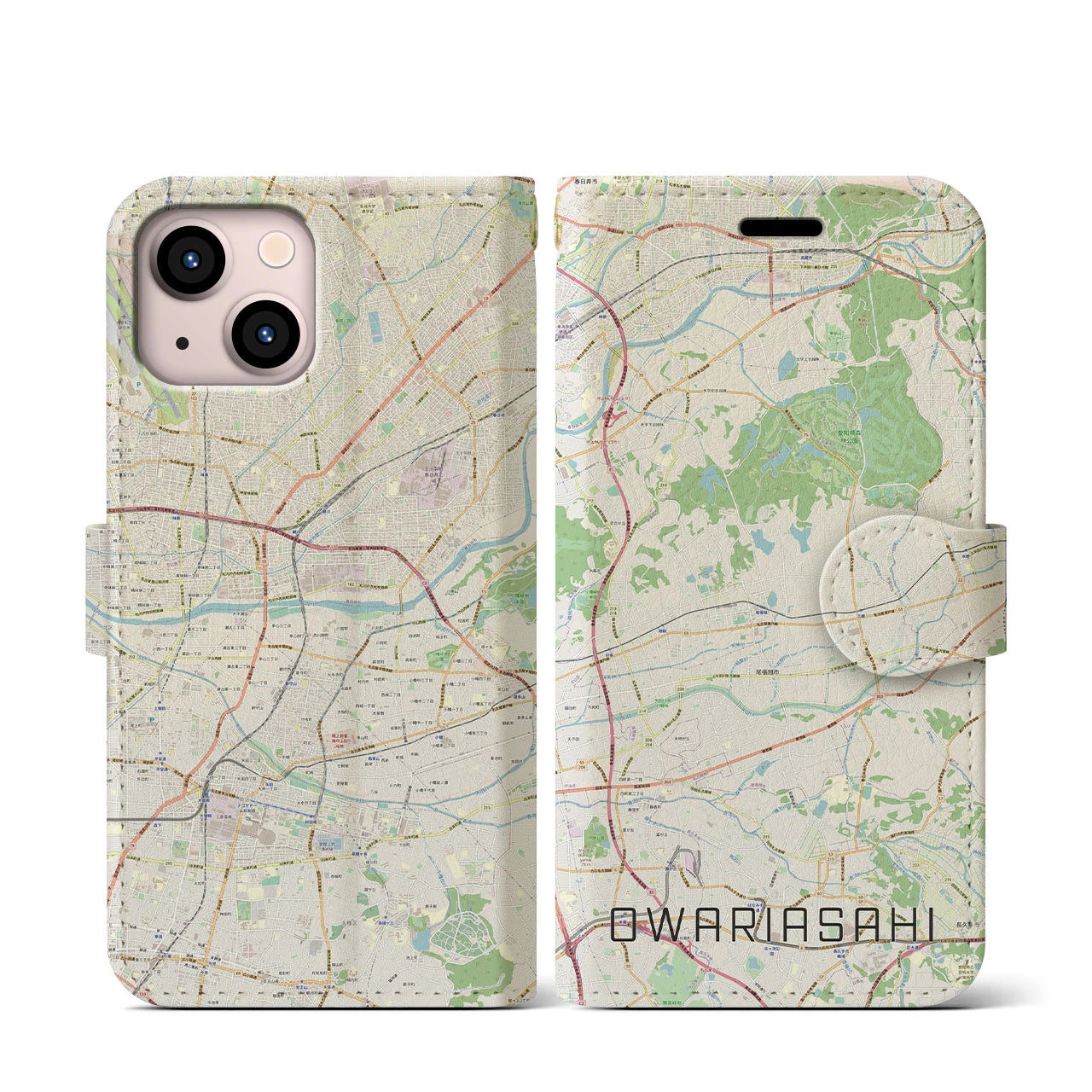 【尾張旭(愛知県)】地図柄iPhoneケース(手帳タイプ)ナチュラル・iPhone 13 mini 用