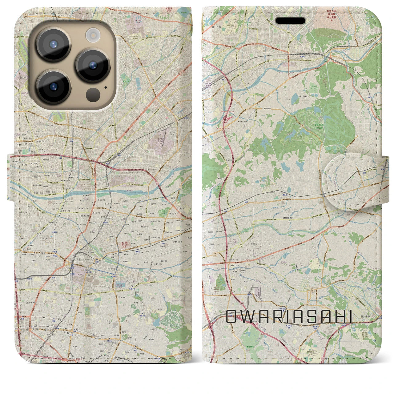 【尾張旭(愛知県)】地図柄iPhoneケース(手帳タイプ)ナチュラル・iPhone 14 Pro Max 用