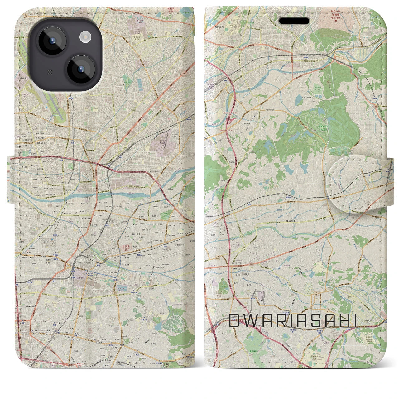 【尾張旭(愛知県)】地図柄iPhoneケース(手帳タイプ)ナチュラル・iPhone 14 Plus 用