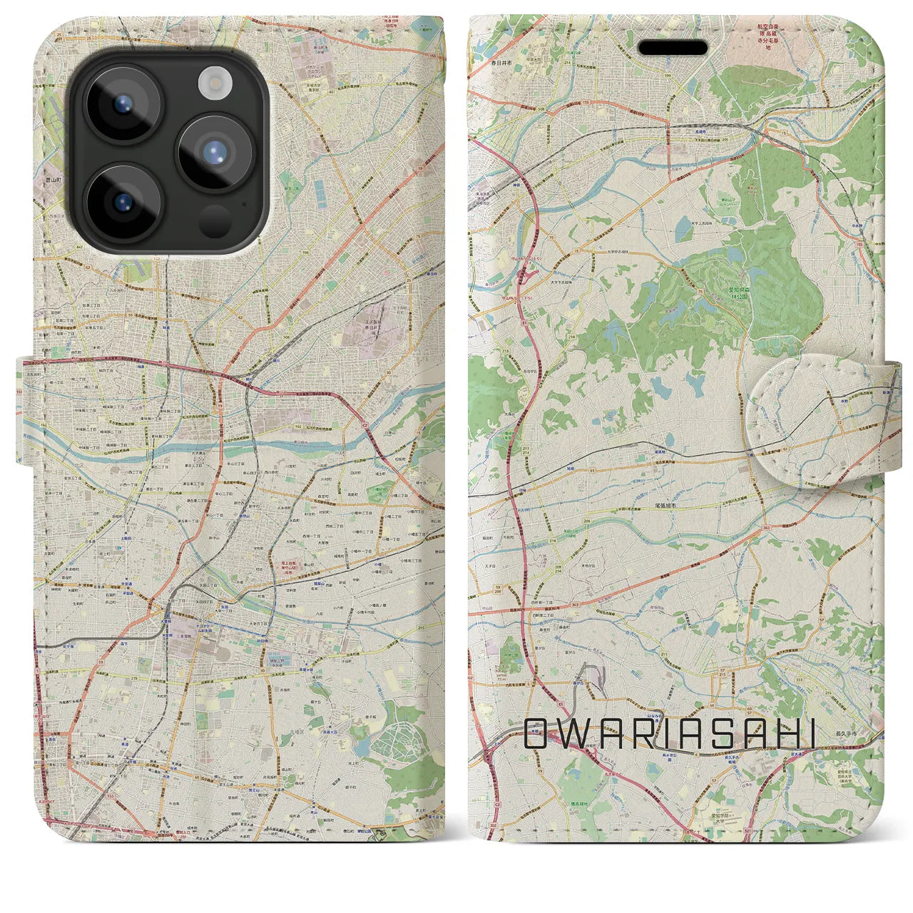 【尾張旭(愛知県)】地図柄iPhoneケース(手帳タイプ)ナチュラル・iPhone 15 Pro Max 用