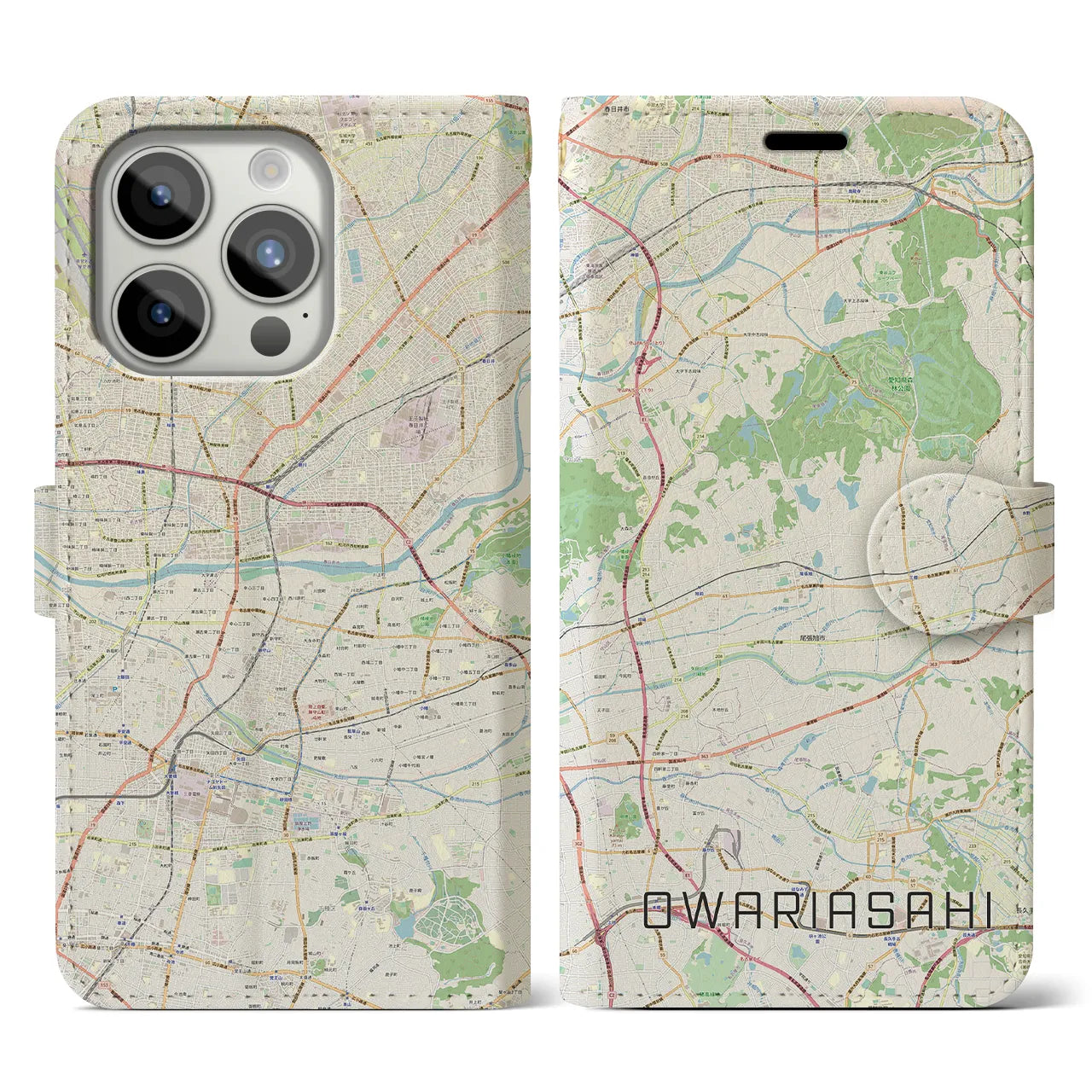 【尾張旭(愛知県)】地図柄iPhoneケース(手帳タイプ)ナチュラル・iPhone 15 Pro 用