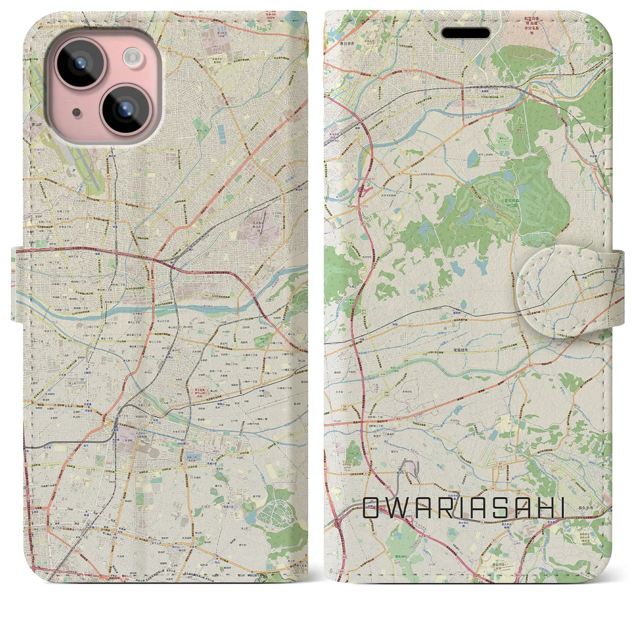 【尾張旭(愛知県)】地図柄iPhoneケース(手帳タイプ)ナチュラル・iPhone 15 Plus 用