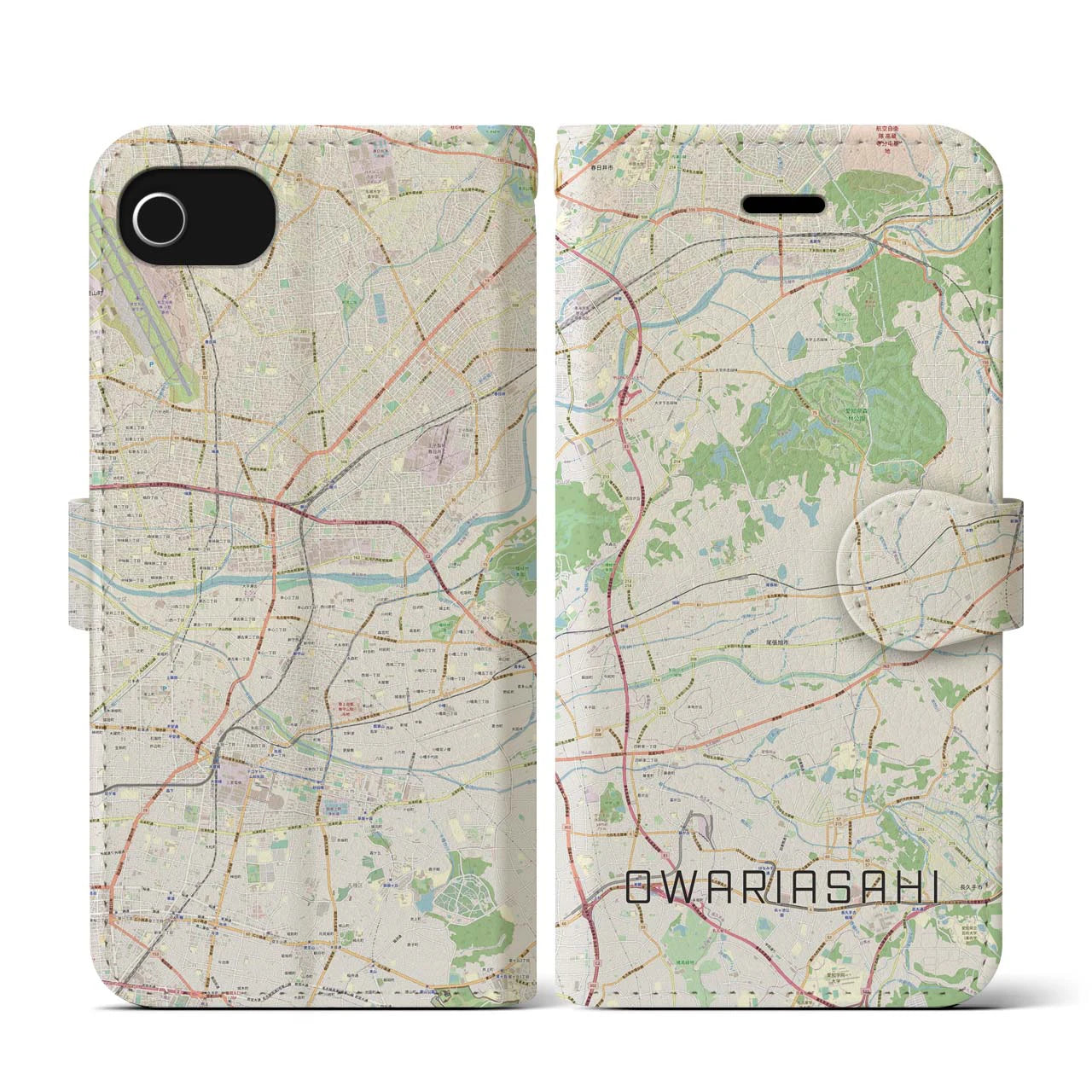 【尾張旭(愛知県)】地図柄iPhoneケース(手帳タイプ)ナチュラル・iPhone SE(第3 / 第2世代) / 8 / 7 / 6s / 6 用