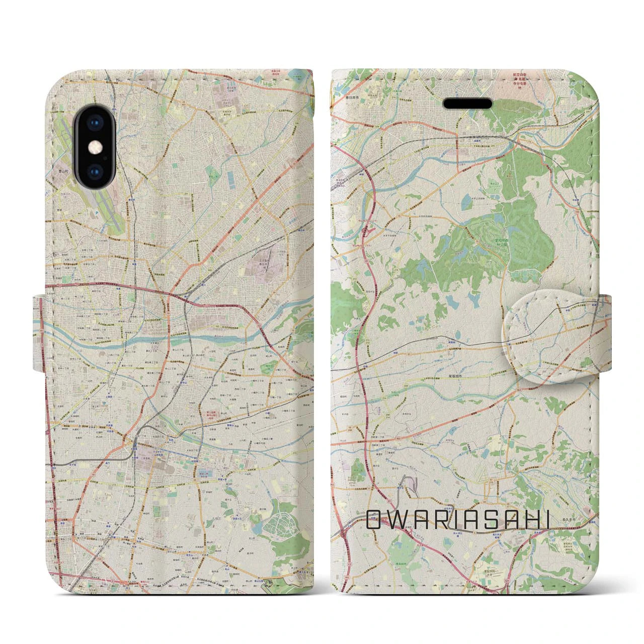 【尾張旭(愛知県)】地図柄iPhoneケース(手帳タイプ)ナチュラル・iPhone XS / X 用
