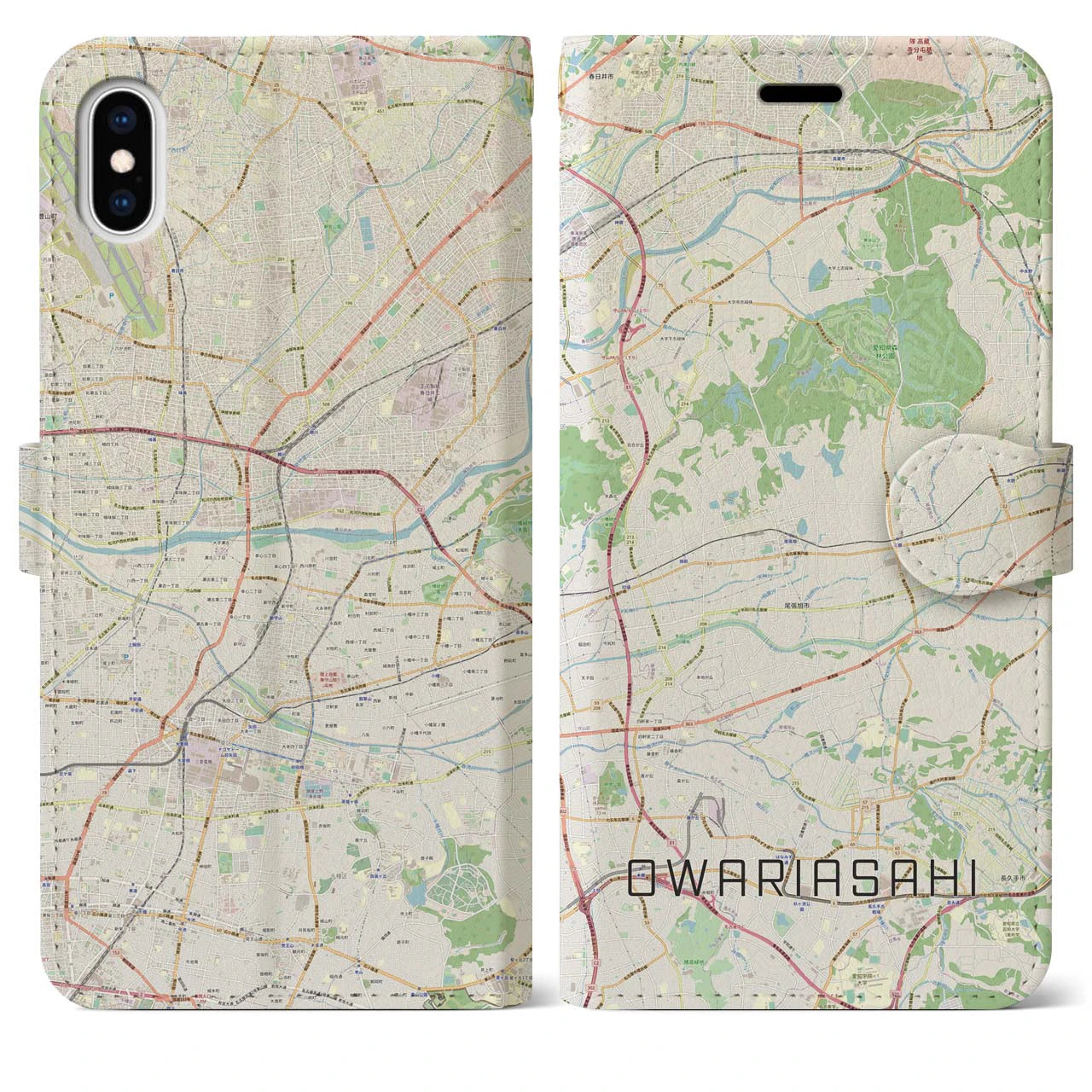 【尾張旭(愛知県)】地図柄iPhoneケース(手帳タイプ)ナチュラル・iPhone XS Max 用