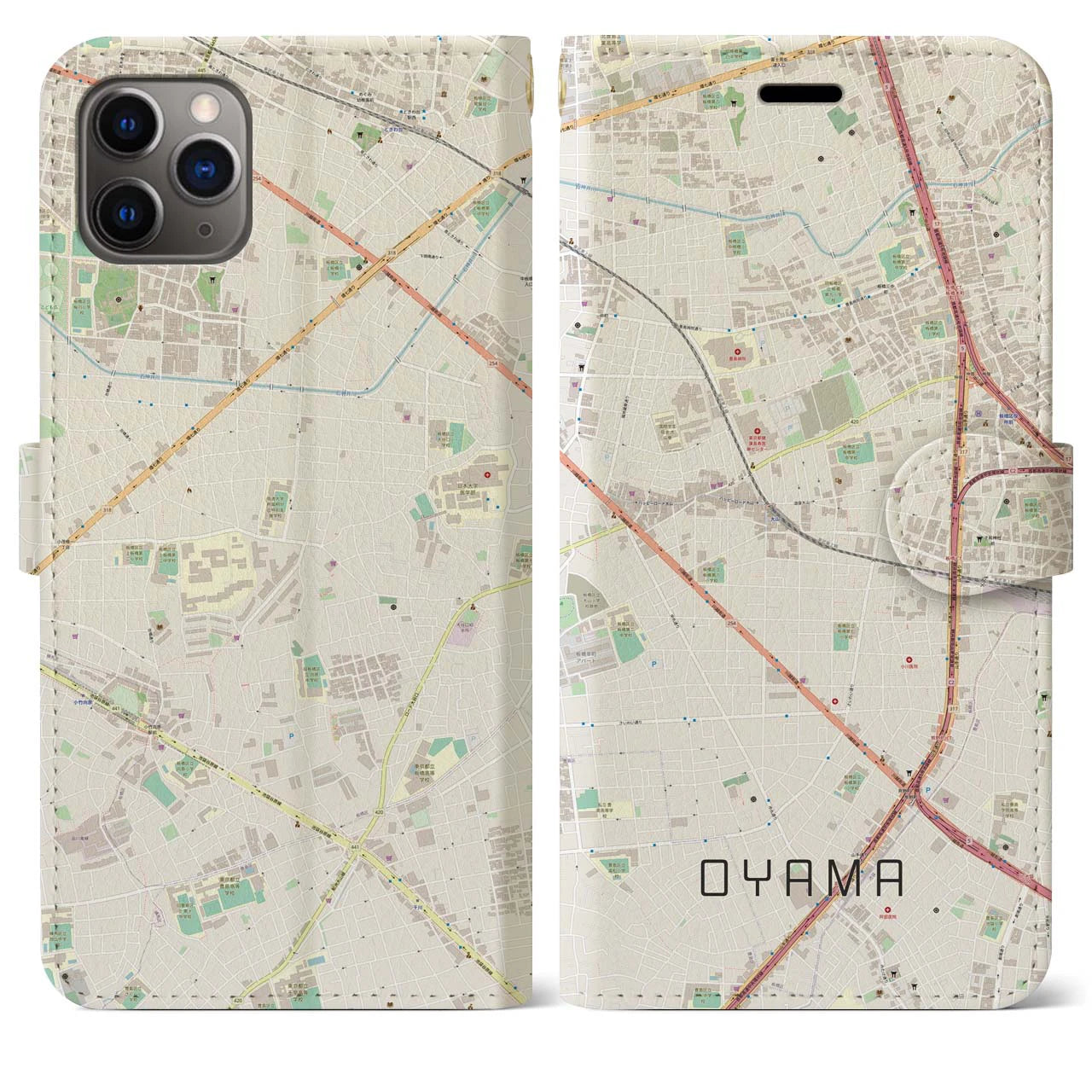 【大山(東京都)】地図柄iPhoneケース(手帳タイプ)ナチュラル・iPhone 11 Pro Max 用