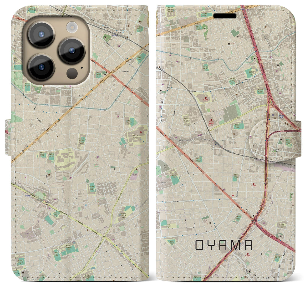【大山(東京都)】地図柄iPhoneケース(手帳タイプ)ナチュラル・iPhone 14 Pro Max 用