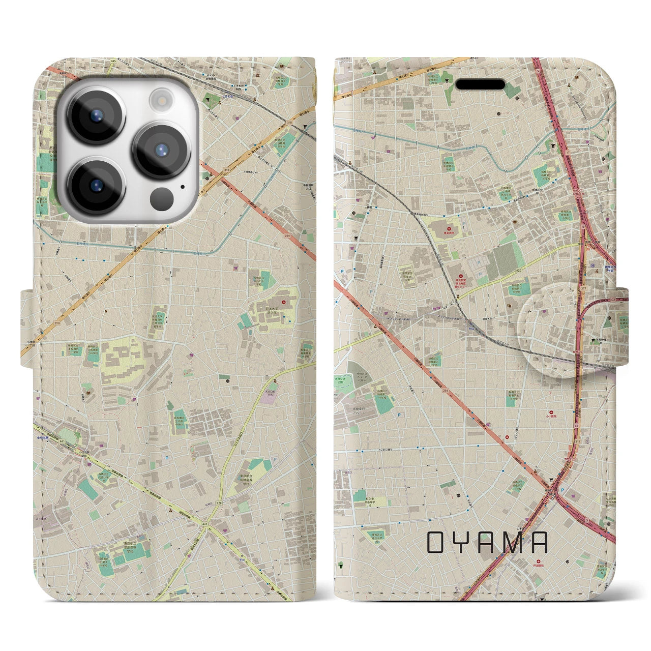 【大山(東京都)】地図柄iPhoneケース(手帳タイプ)ナチュラル・iPhone 14 Pro 用