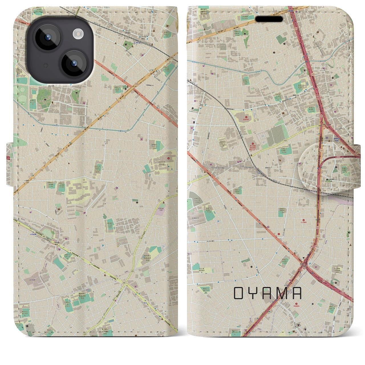 【大山(東京都)】地図柄iPhoneケース(手帳タイプ)ナチュラル・iPhone 14 Plus 用