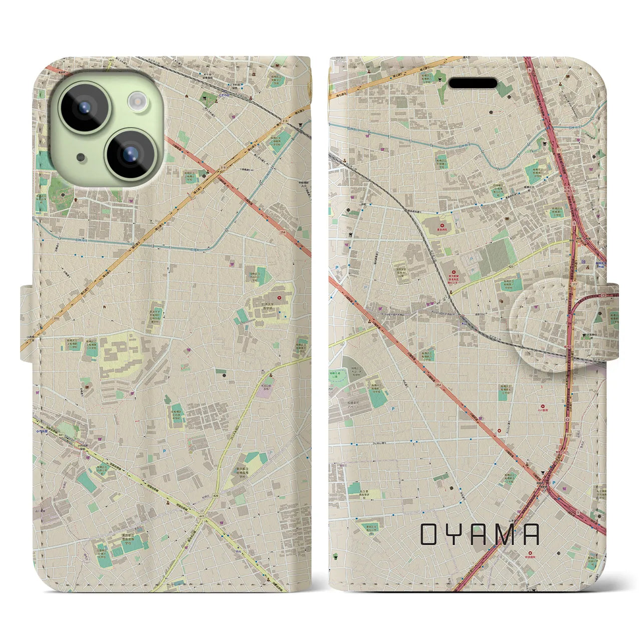 【大山(東京都)】地図柄iPhoneケース(手帳タイプ)ナチュラル・iPhone 15 用
